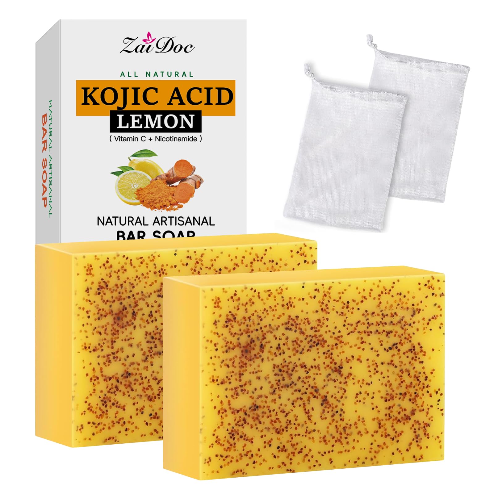 ZAIDOC 2 Packs Turmeric Soap with Vitamin C, Natural Skin, Even Tone, Lemon Soap for Face and Body, 3.52oz *2