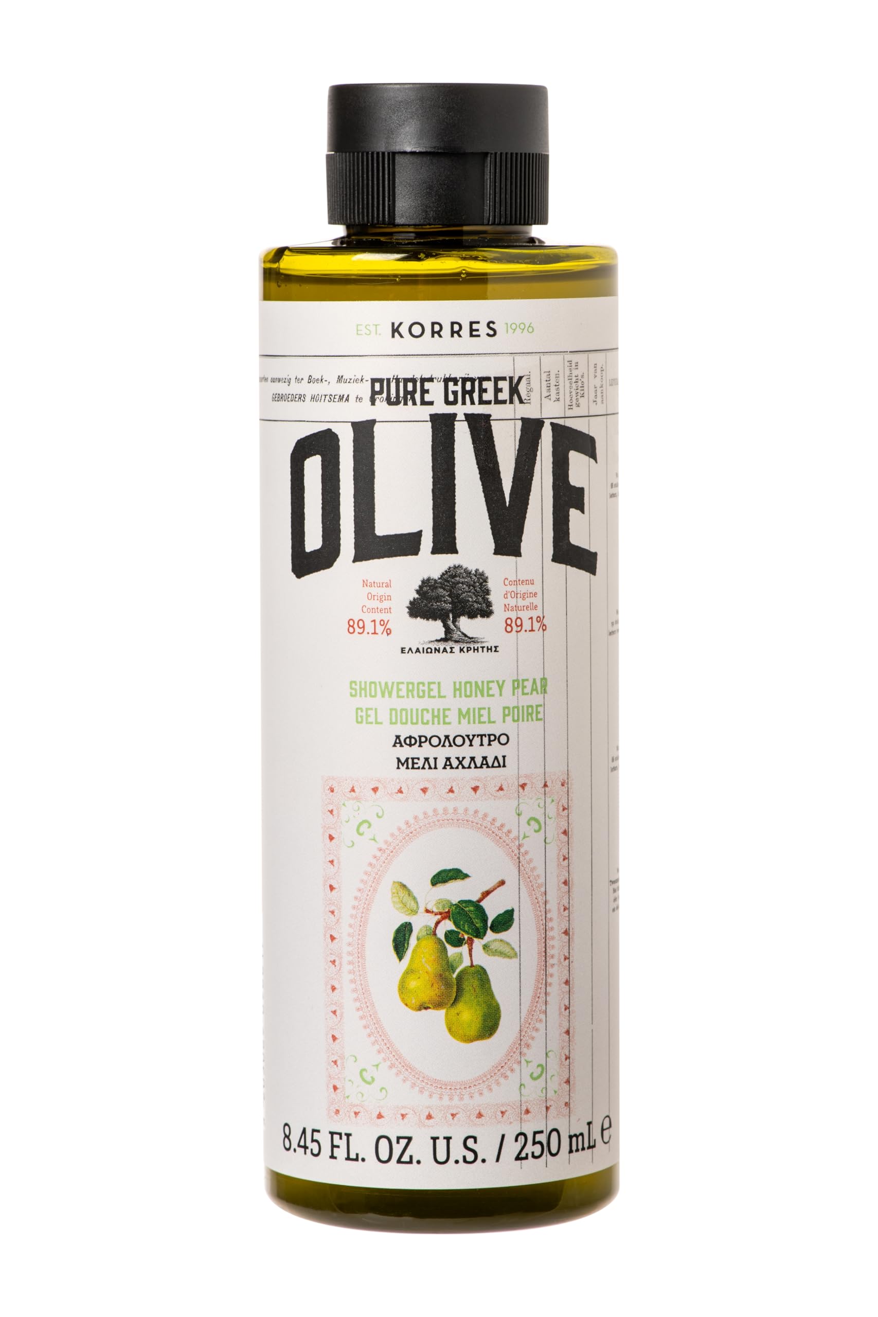 KORRES Pure Greek Olive Shower Gel Honey Pear Scent, Plant Based Foaming Body Cleanser with Olive Leaf Extract, Active Aloe & Wh