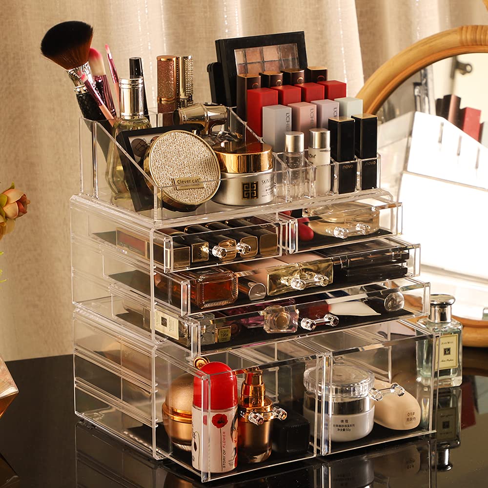 Cq acrylic Clear Makeup Storage Organizer Drawers Skin Care Large Cosmetic Display Cases Stackable Storage Box With 6 Drawers Fo