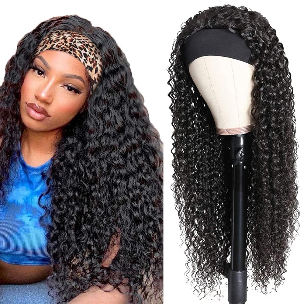 NICMISS Deep Wave Headband Wig Human Hair 24 Inch Curly Headband Wigs for Black Women Human Hair Glueless None Lace Front Wig Br