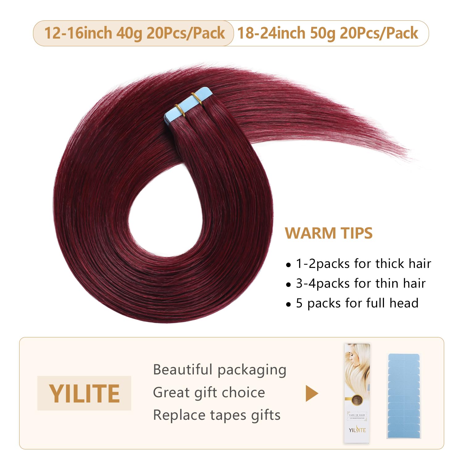 Yilite Burgundy Tape In Hair Extensions Human Hair, 26Inch 60G 20Pcs Red Tape In Hair Extensions Remy Human Hair,Seamless Skin W