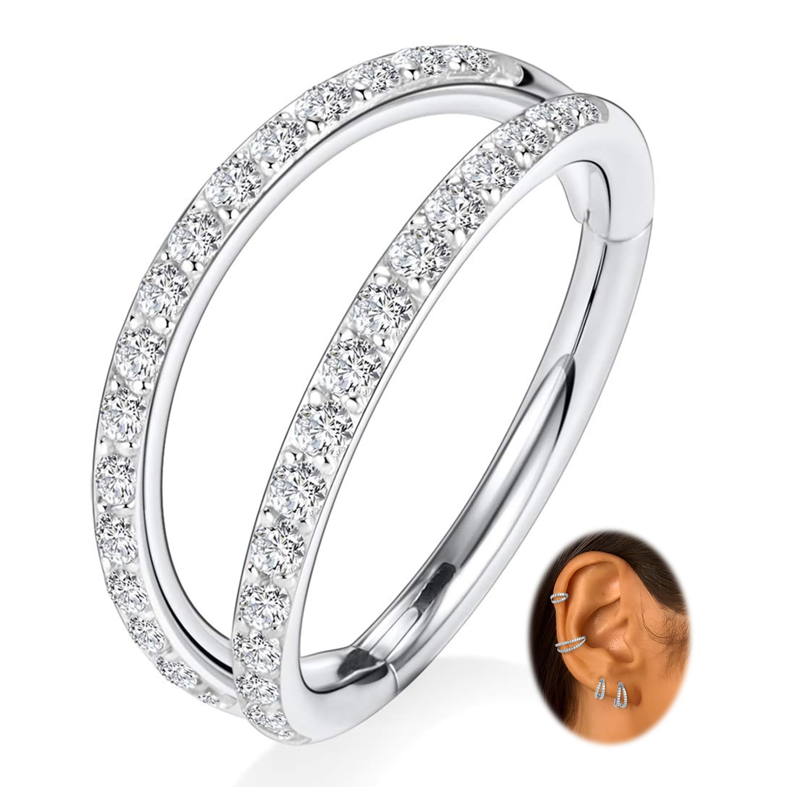 16G Cartilage Earring Silver Double Nose Hoop Ring Helix Conch Hoop 316L Surgical Steel Septum Jewelry 8mm Tragus Rook Daith Lob