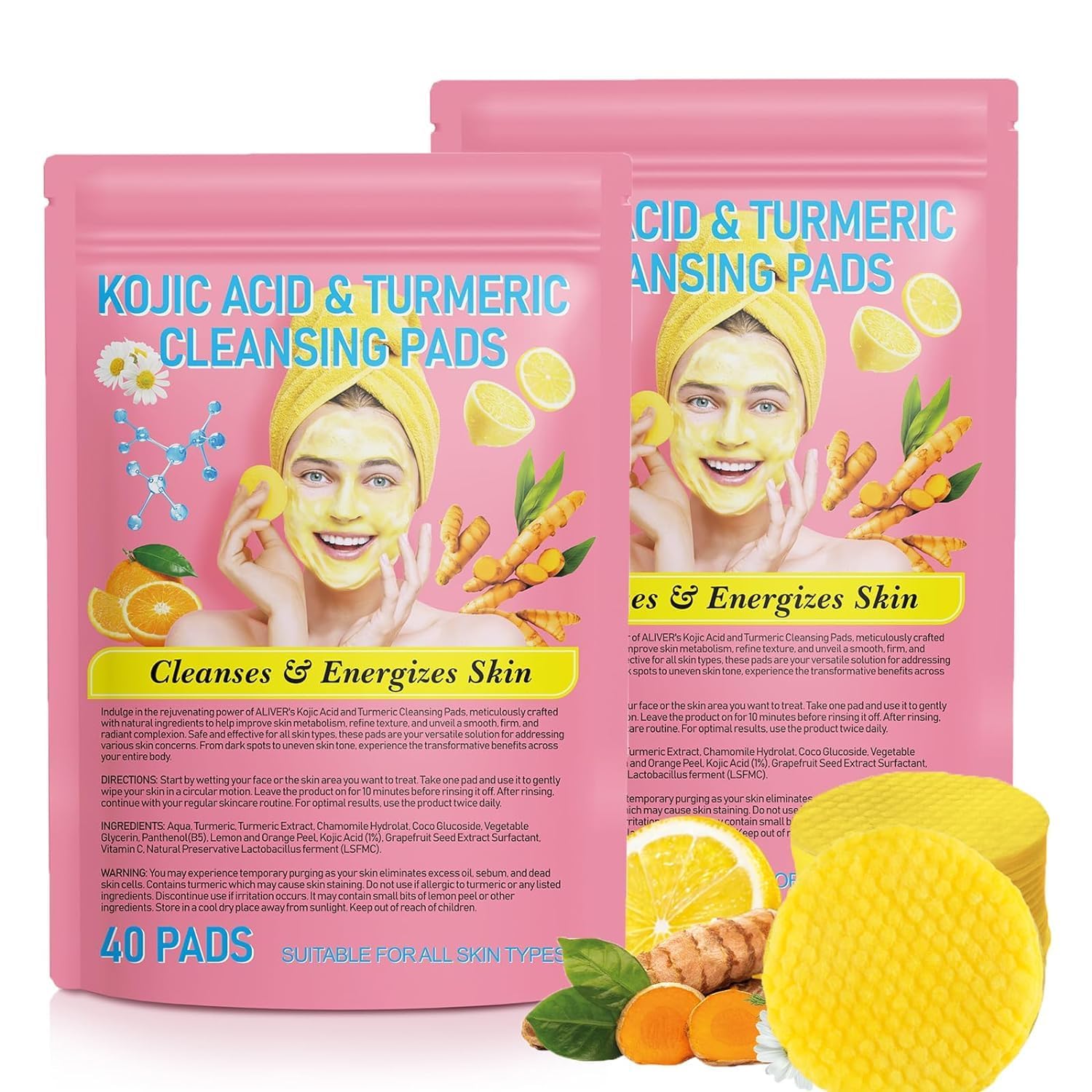 Turmeric Cleansing Pads, Kojic Acid & Turmeric Cleansing Pads, Turmeric Pads Infused Cotton Exfoliating Pads, Turmeric Kojic Pad