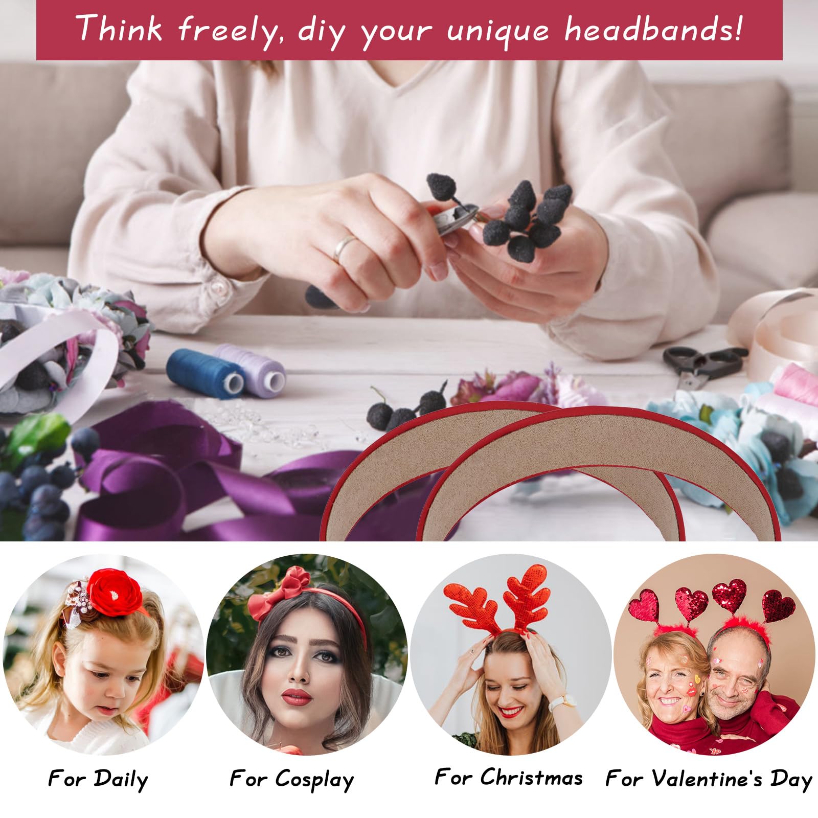 Wecoe 10Pcs Red Headbands Wide Satin Headbands Women Non Slip Fashion Plain Head Bands Solid Hair Bands Diy Christmas Hair Acces