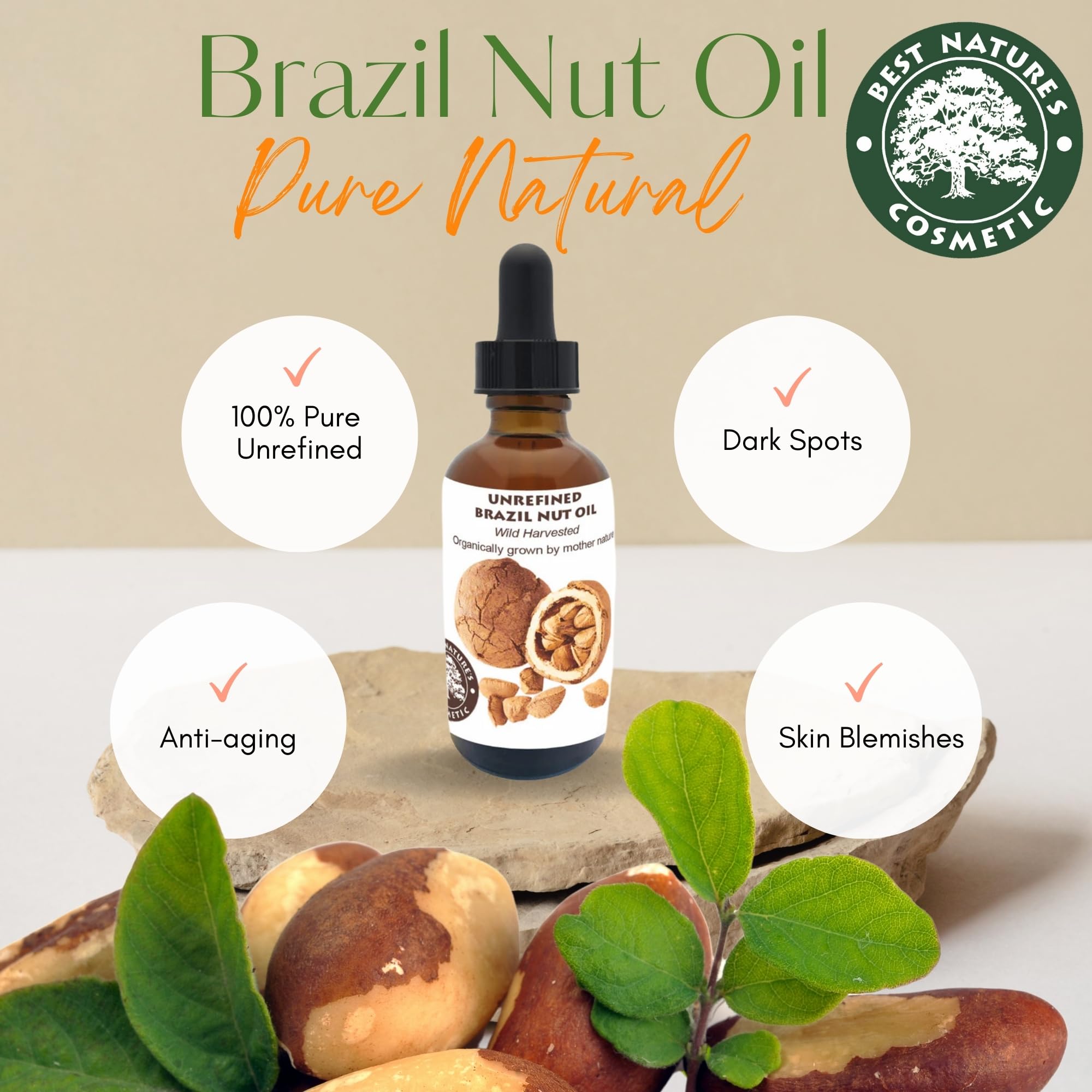 Best Nature's Cosmetics Virgin Organic Brazil Nut Oil, Hydrating Moisturizer for Skin & Hair, Cold-Pressed, Anti-Aging, Restores