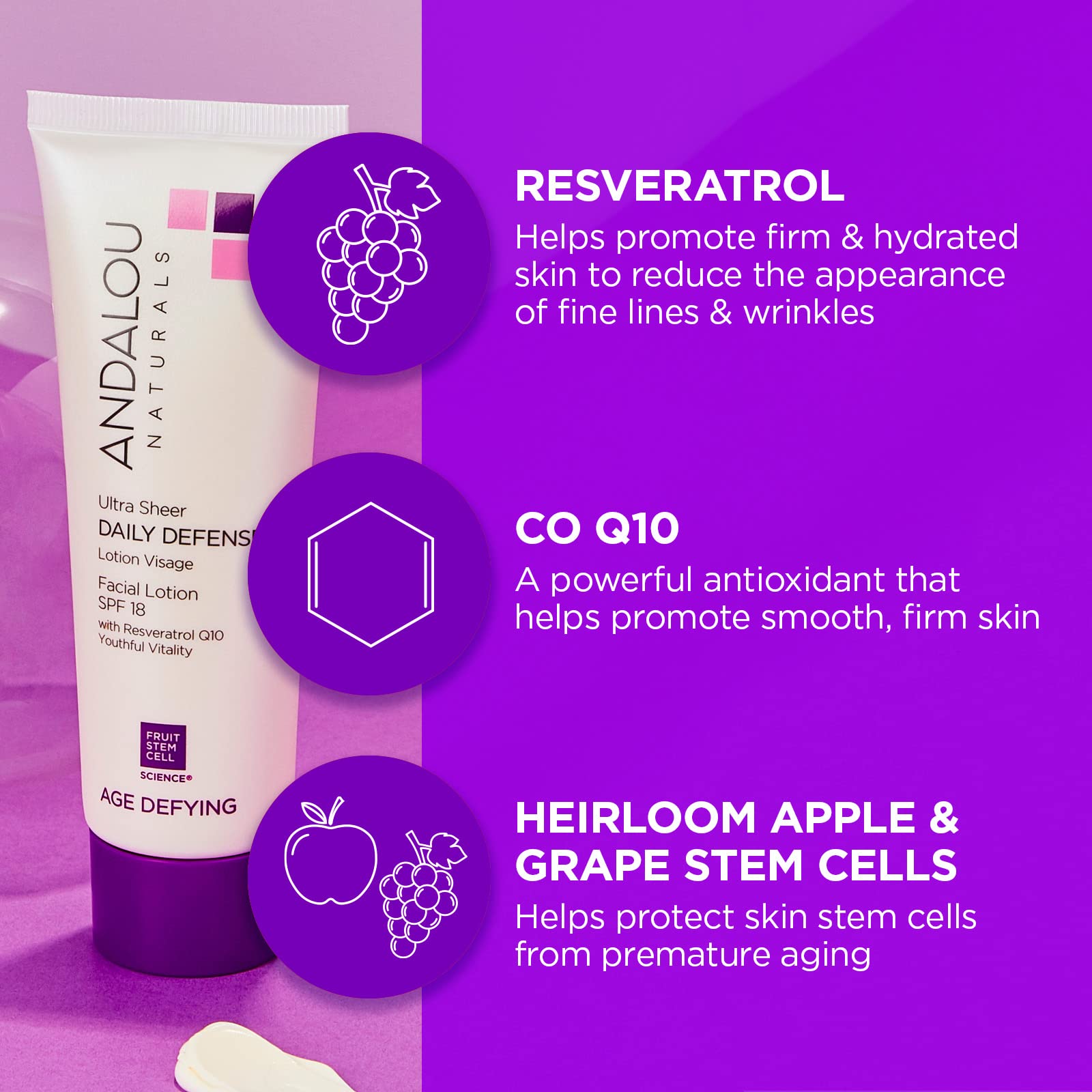 Andalou Naturals Ultra Sheer Daily Defense Facial Lotion, Spf 18, 2.7 Oz, With Resveratrol Coq10 And Antioxidants, Lightweight,