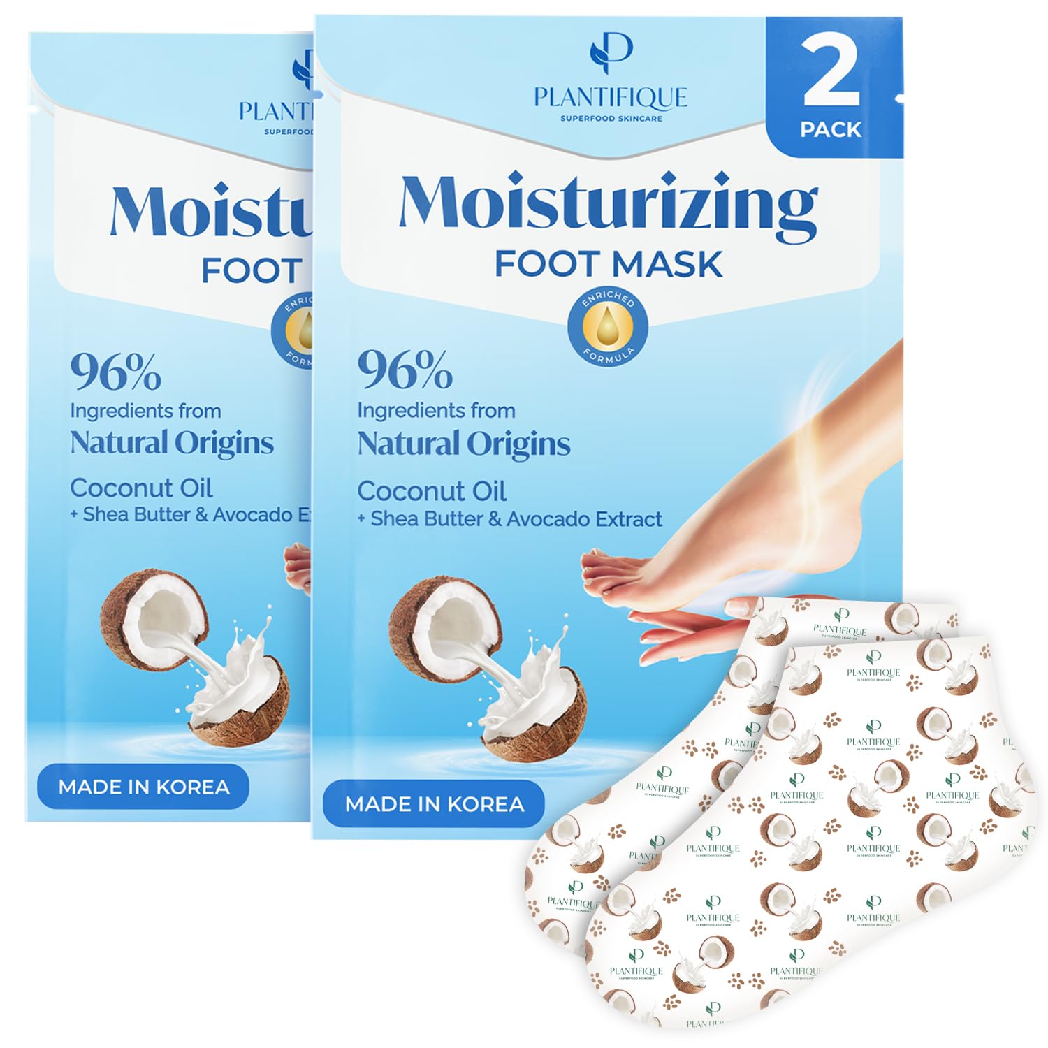 Plantifique Korean Foot Mask Moisturizing 2 Pairs Box For Dry & Cracked Feet - Hydrating Socks For Soft Heels - Intense Moisturi