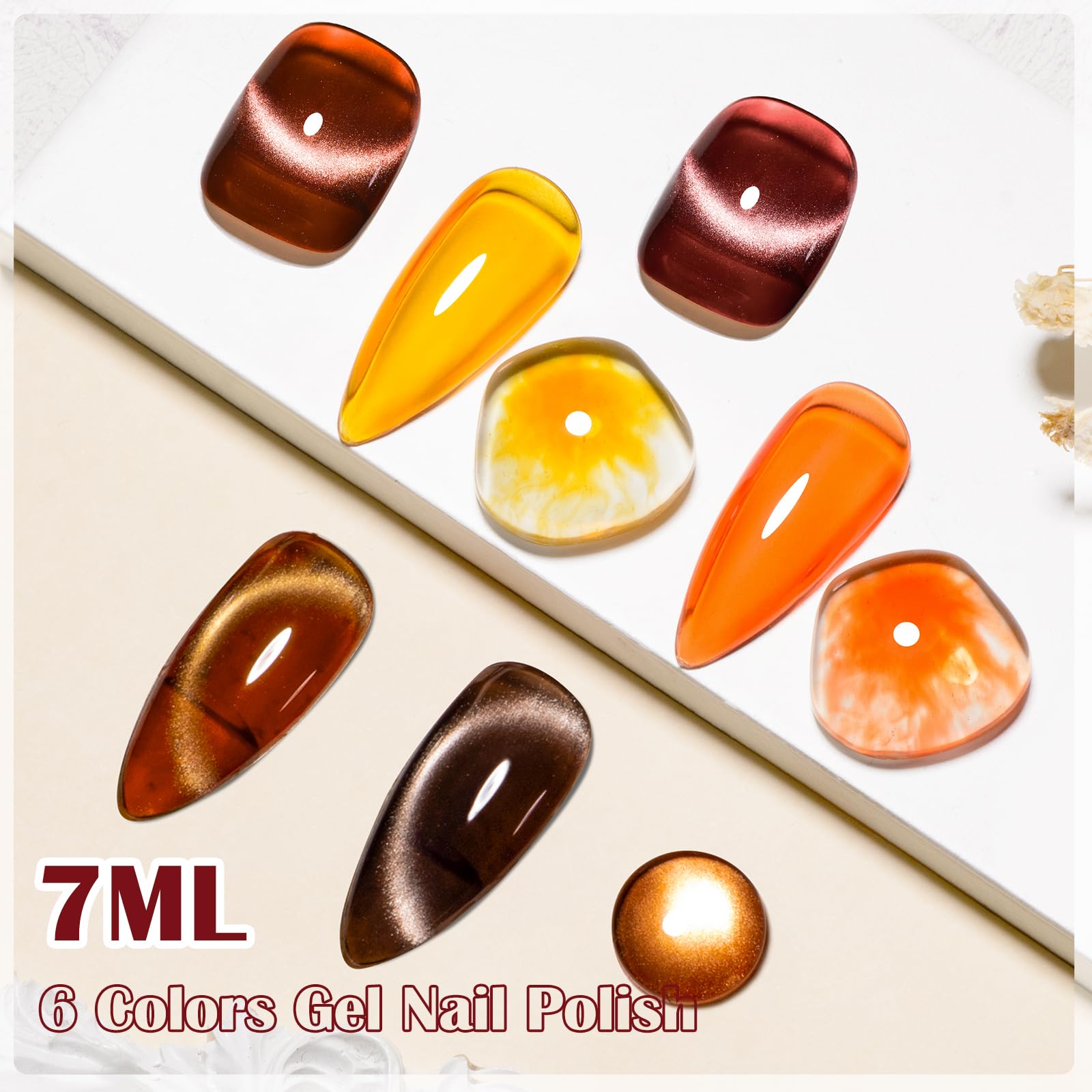 MEET ACROSS Cat Eye Gel Nail Polish Magnet Jelly Crystal Gel Nail Polish Kit Caramel Orange Amber Brown Grey Gel Polish Set with