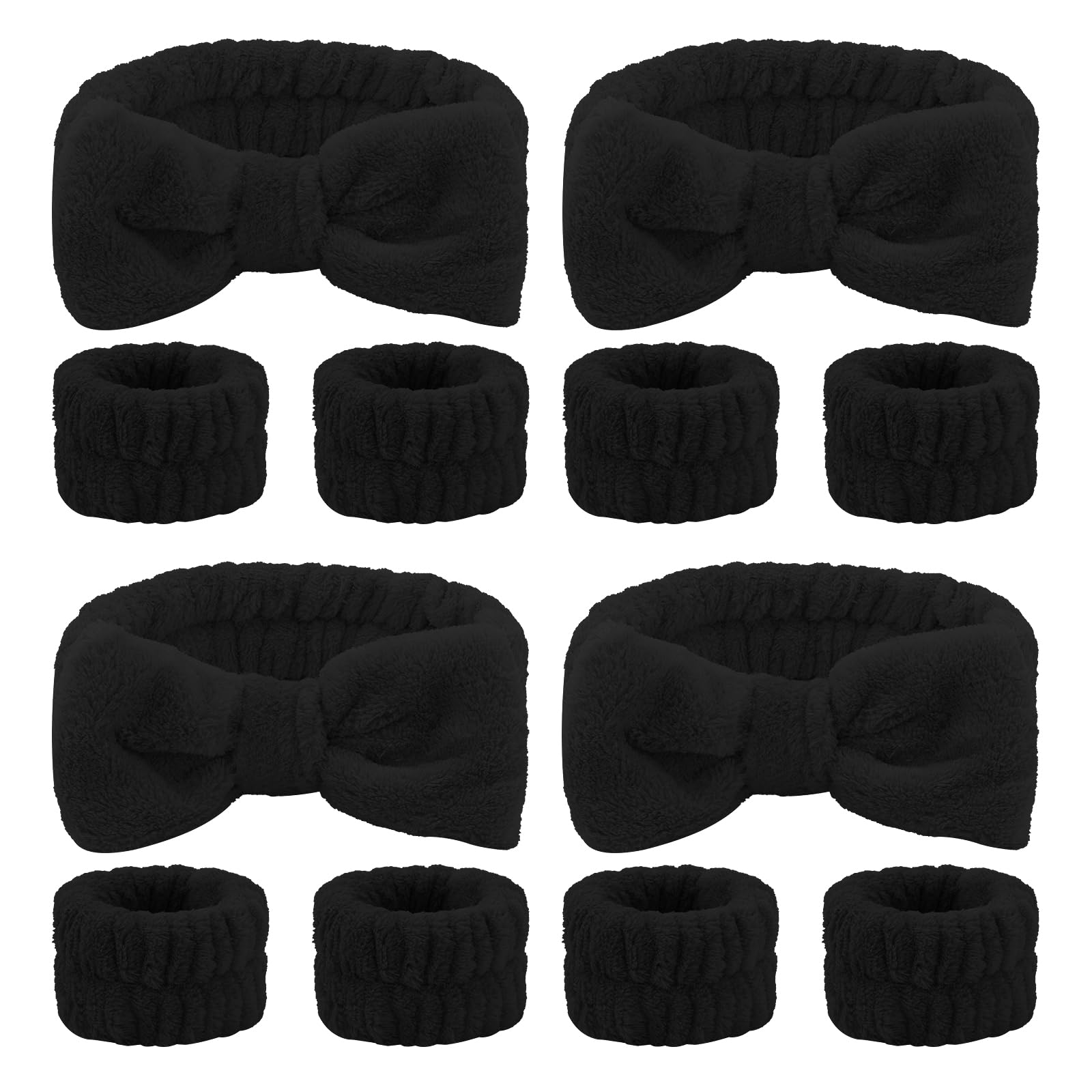 CIEHER 12 PCS Black Makeup Headband for Women Wrist Washband Scrunchies Cuffs for Washing Face, Soft Bow Hair Band Matching Wris