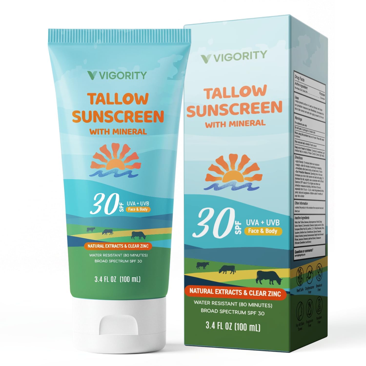 Vigority Tallow Sunscreen SPF 30 for Face & Body - Natural Grass-Fed Beef Tallow, Non-Nano Zinc Oxide - Moisturizing Mineral Sun