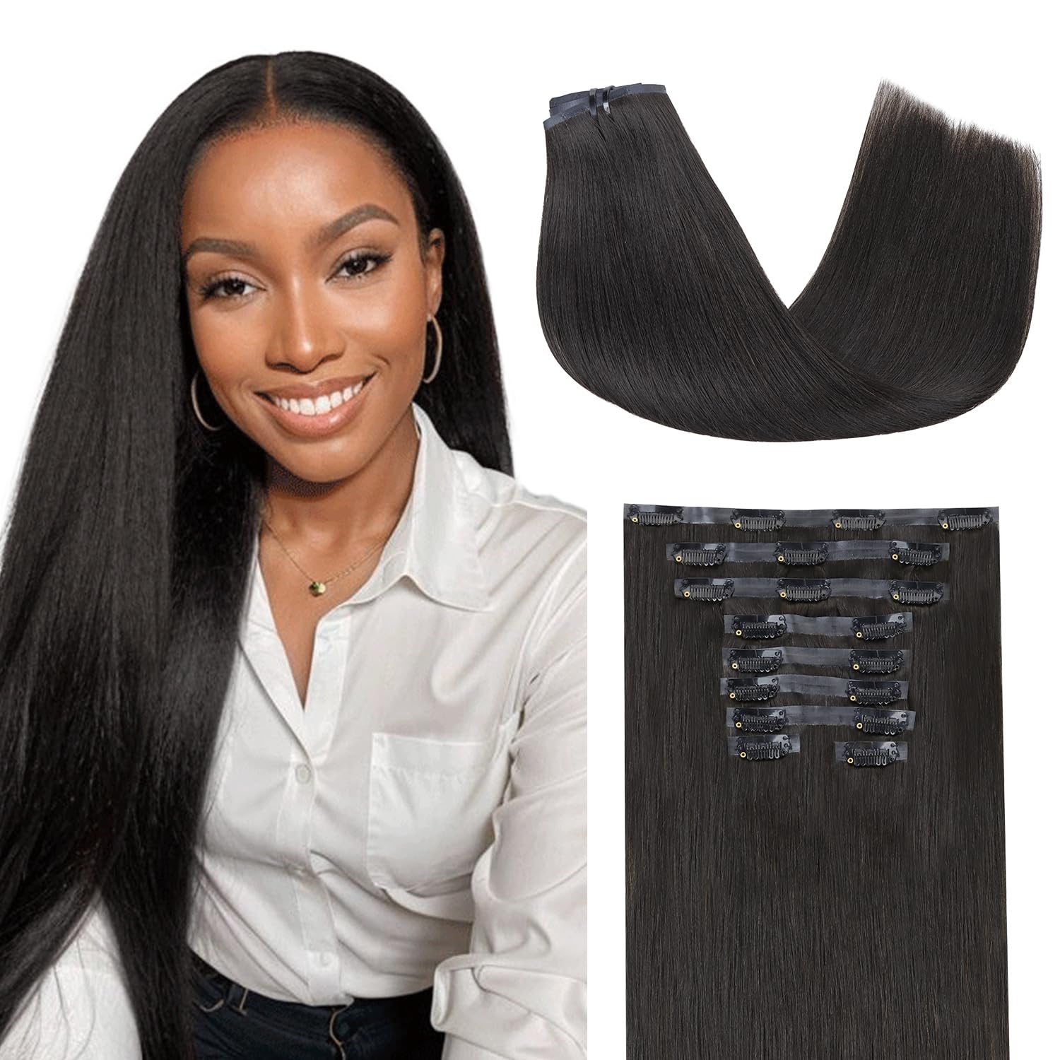Lashey 150g 9pcs Hair Extensions Real Human Hair 22 Inch Natural Black Yaki Straight Seamless Clip in Human Hair Extensions with