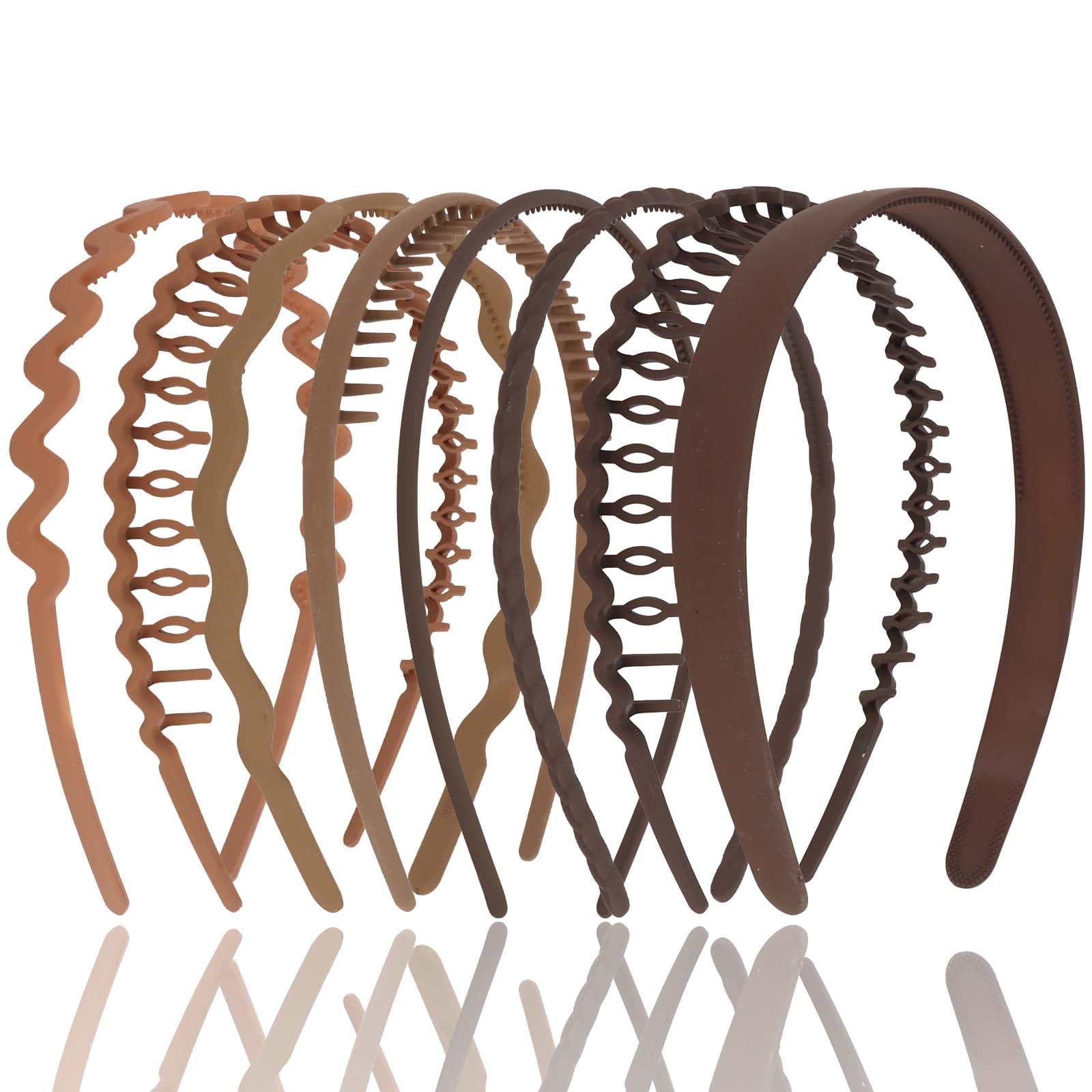 CIEHER 8PCS Zig Zag Claw Comb Headbands, Flex No Pressure Headbands, Plastic Hair Bands with Teeth (Brown)