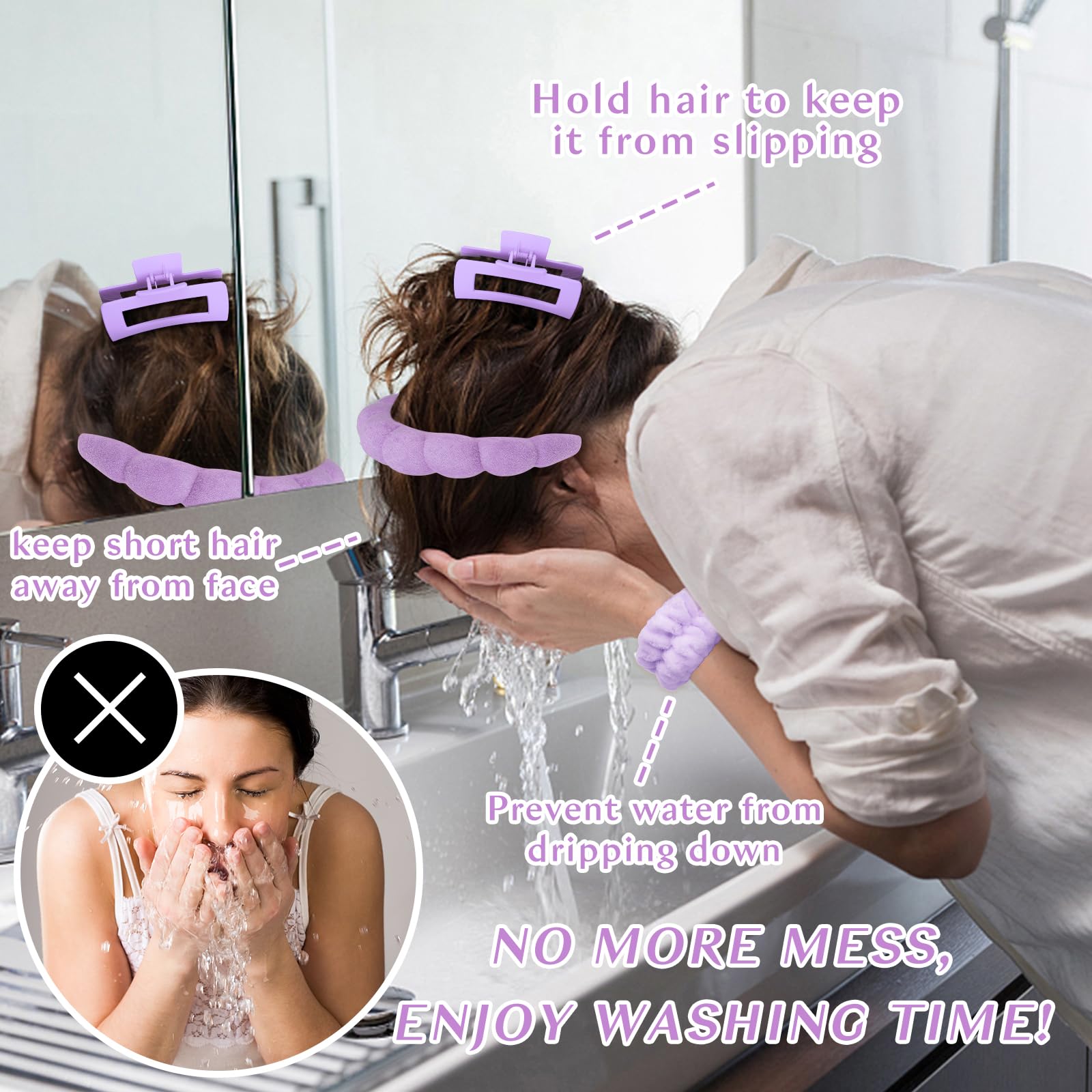 Wecoe Pink Purple Spa Headband And Wristband Set Skincare Headband For Washing Face Hair Claw Clips For Thick Hair Cute Puffy Sp