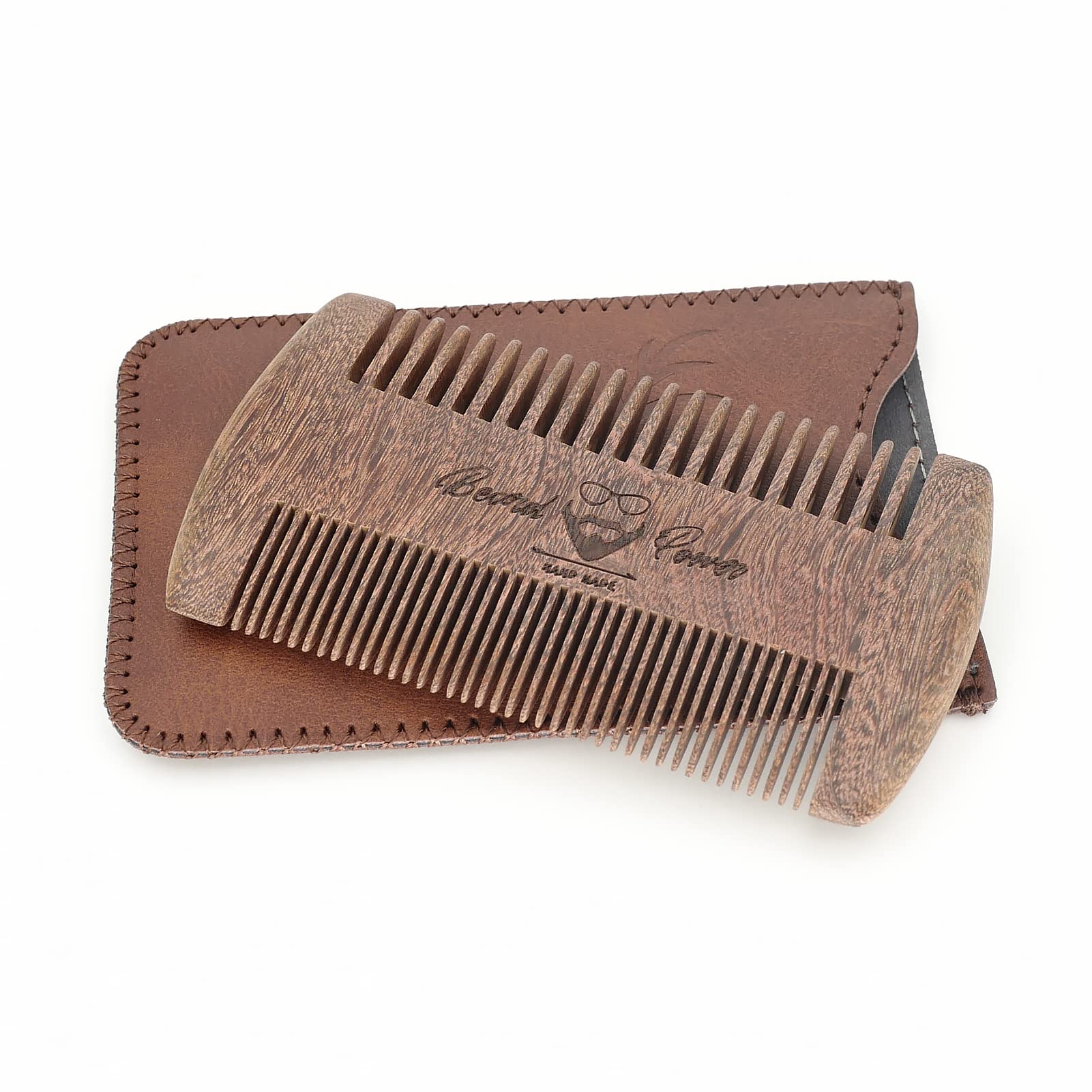 Menesia Sandalwood Beard Comb with Case - Fine & Coarse Teeth, Wooden Pocket Comb for Beards, Mustaches & Hair, Brown Skull Desi