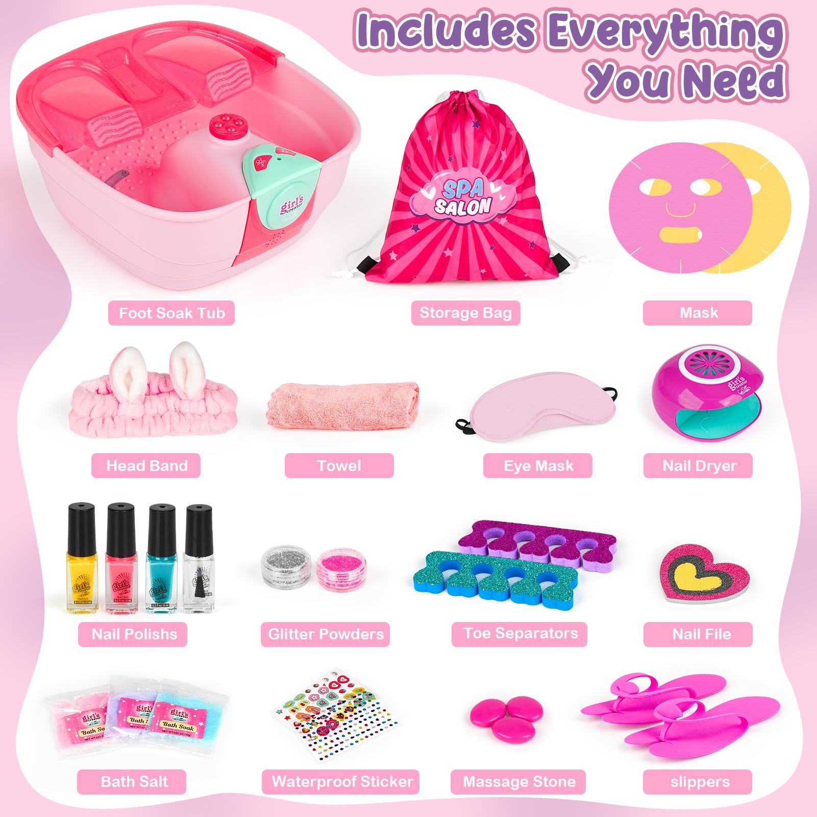 Dreamon Kids Foot Spa & Nail Kit - Pink Spa Day Set with Mask, Foot Bath, Nail Dryer for Ages 6-12, Perfect for Birthdays & Christmas