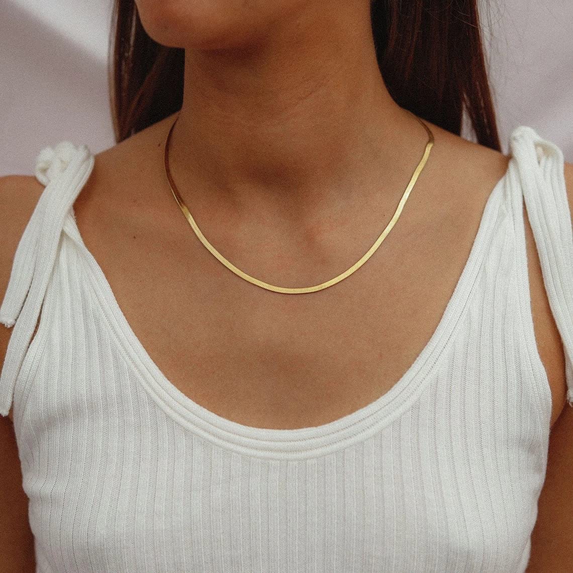 NUZON 18K Gold Plated Snake Chain Necklace Thick Flat Herringbone Necklace Gold Choker Necklaces for Women Jewelry 3MM 18  Adjus