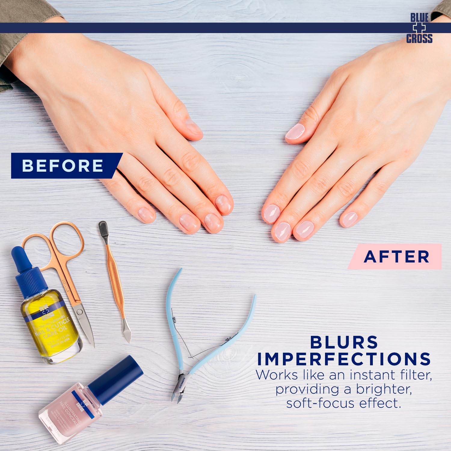 Blue Cross Illuminating Nail Concealer Polish, 5 Minute Manicure, Topcoat & Basecoat Nail Lacquer, Made In Usa For Natural Shine