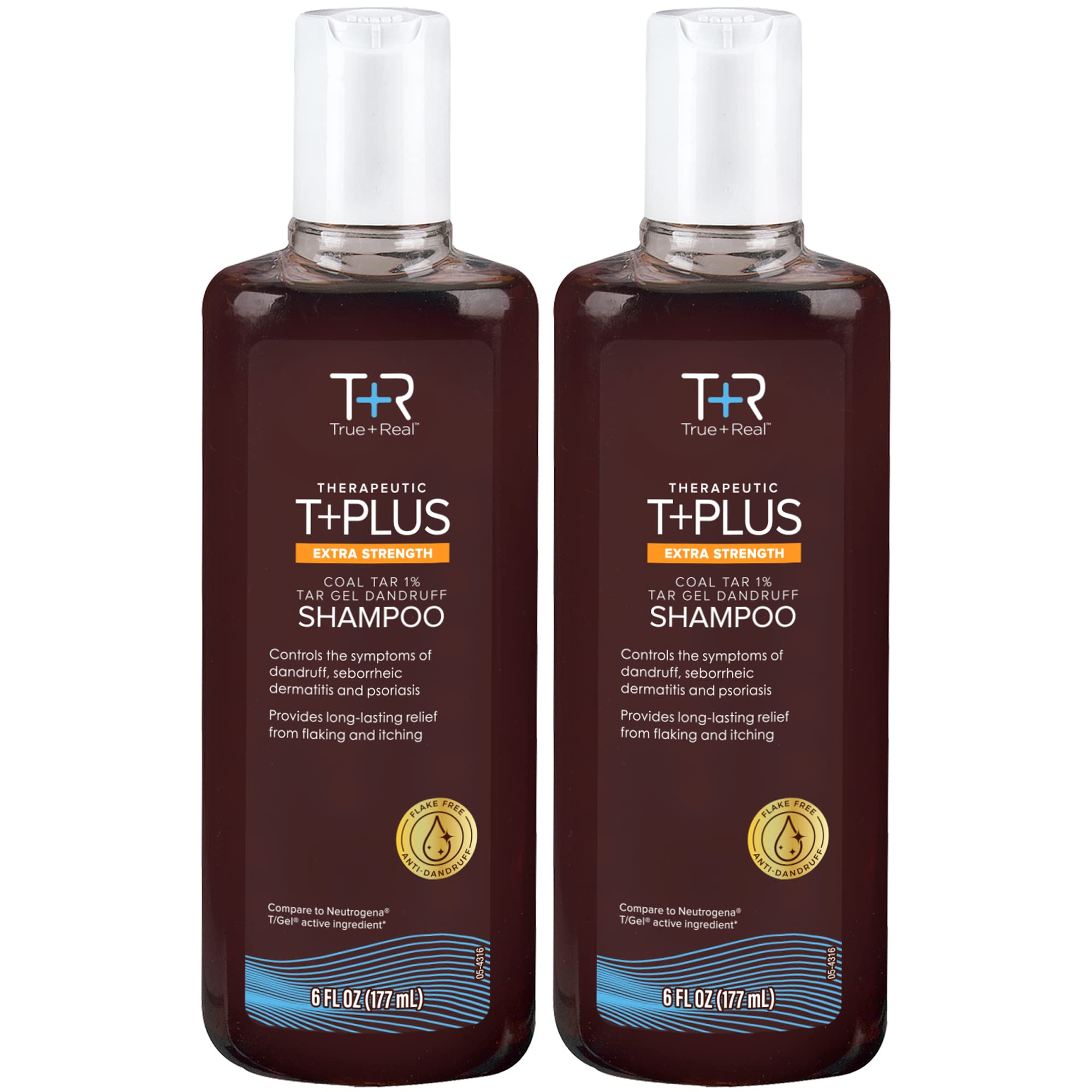 True+Real Therapeutic Plus Tar Gel Anti-Dandruff Shampoo, Extra Strength 1% Coal Tar, 6 Fl Oz - Pack of 2