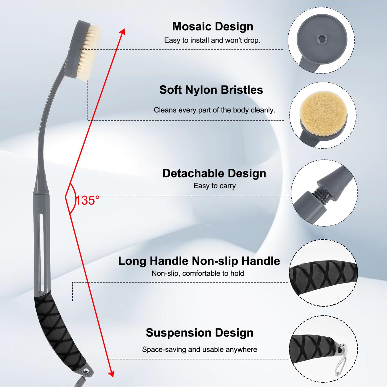 Back Scrubber For Shower,20.5'' Bath Brush Long Handle For Shower For Deep Cleaning,Back Brush For Shower Men(Grey)