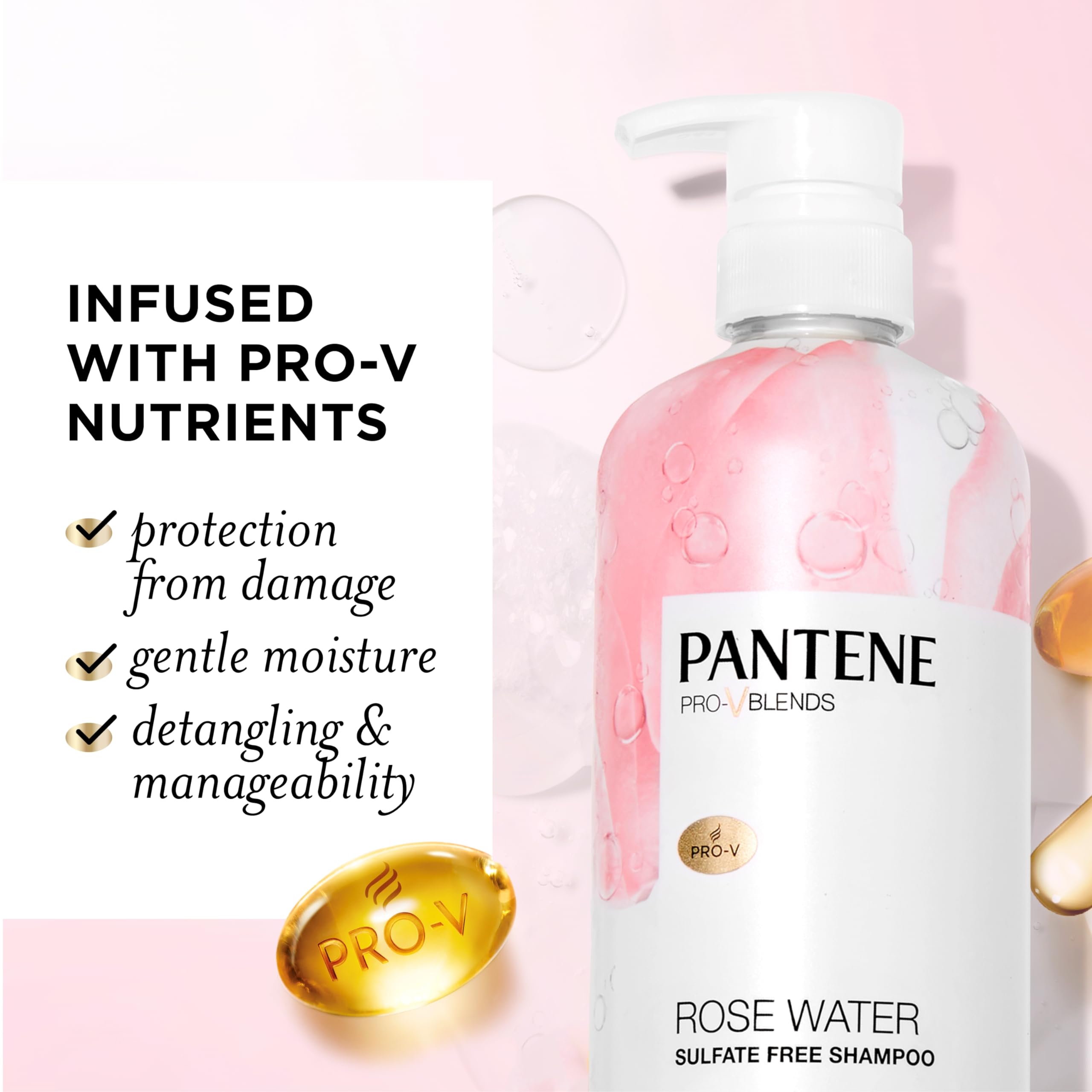 Pantene Sulfate Free Rose Water Shampoo, Soothes, Replenishes Hydration, Safe For Color Treated Hair, Nutrient Infused With Vita