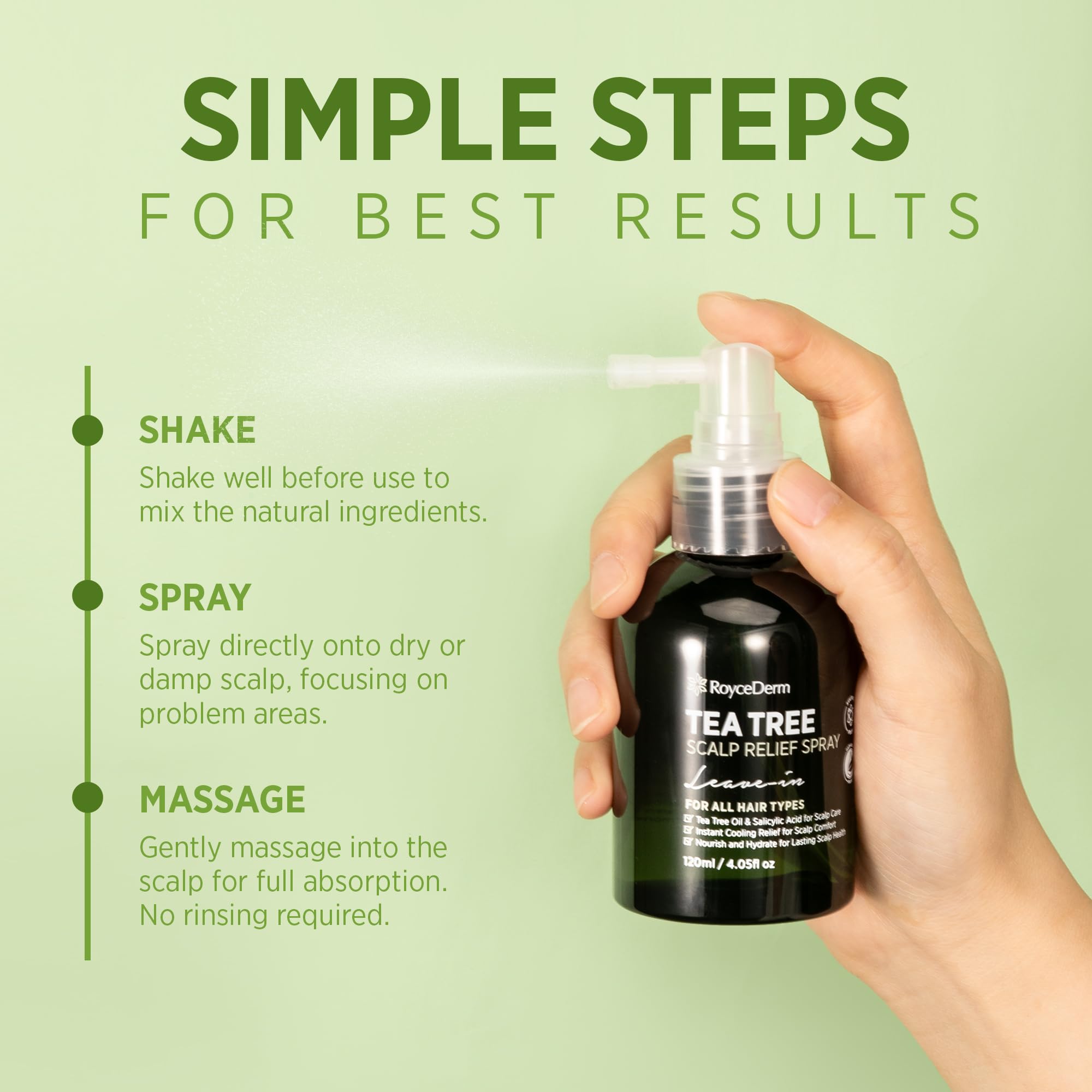 RoyceDerm Tea Tree Scalp Relief Spray: Leave-In Scalp Care for Dry, Flaky, and Itchy Scalp - Tea Tree Oil Formula for Comfort, H