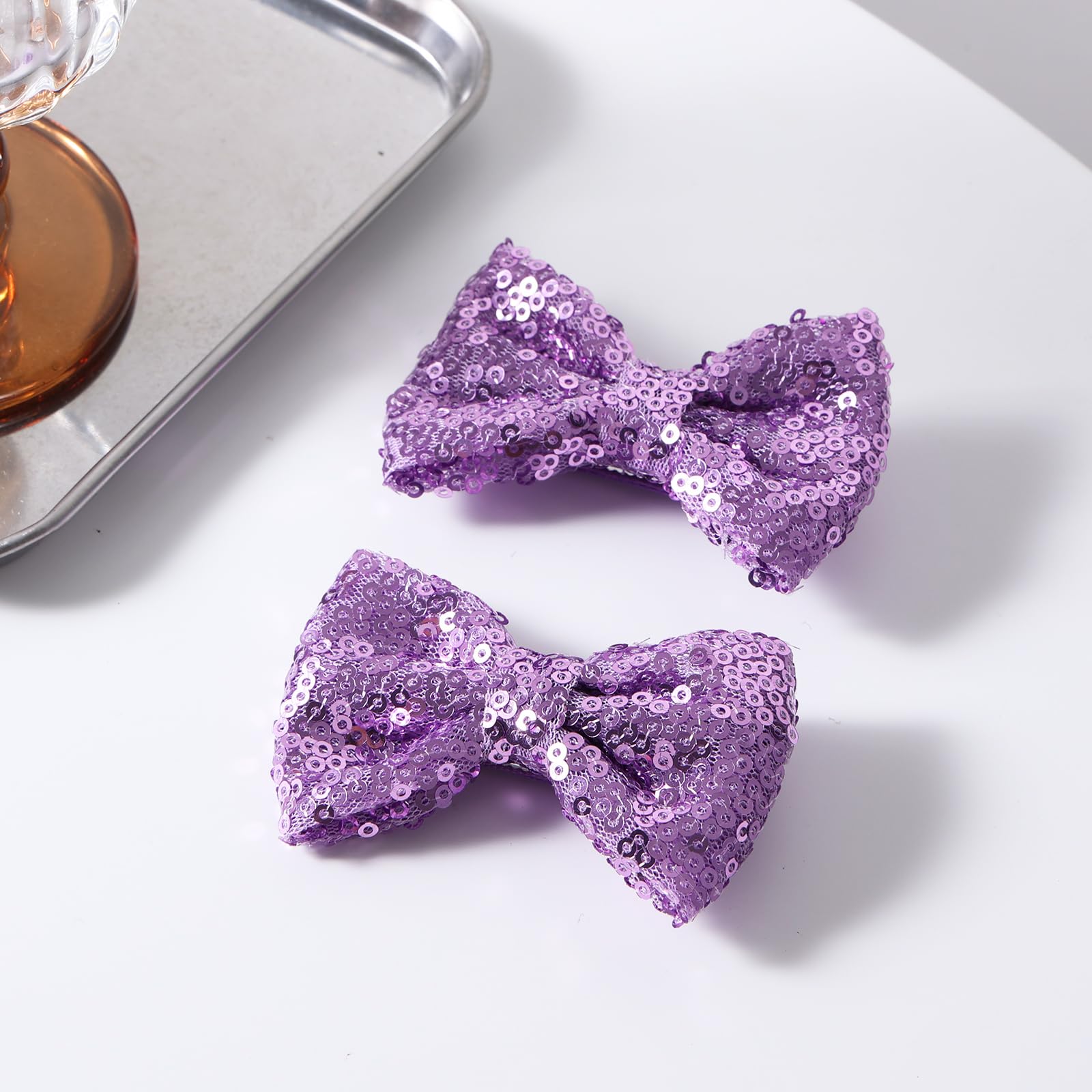 3'' Purple Sparkly Glitter Sequin Hair Bows Clips For Toddler Girls Valentines Christmas Birthday Gift Party Dress Outfit Decor
