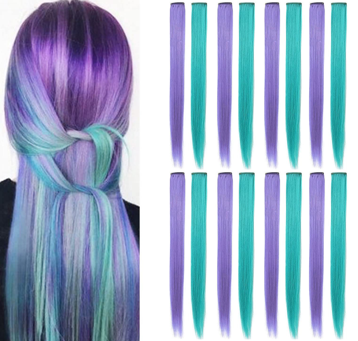 SARARHY Colored Hair Extensions Clip in 21 inch Straight Synthetic Hair Accessories Party Highlights Colorful Hairpieces for Kid