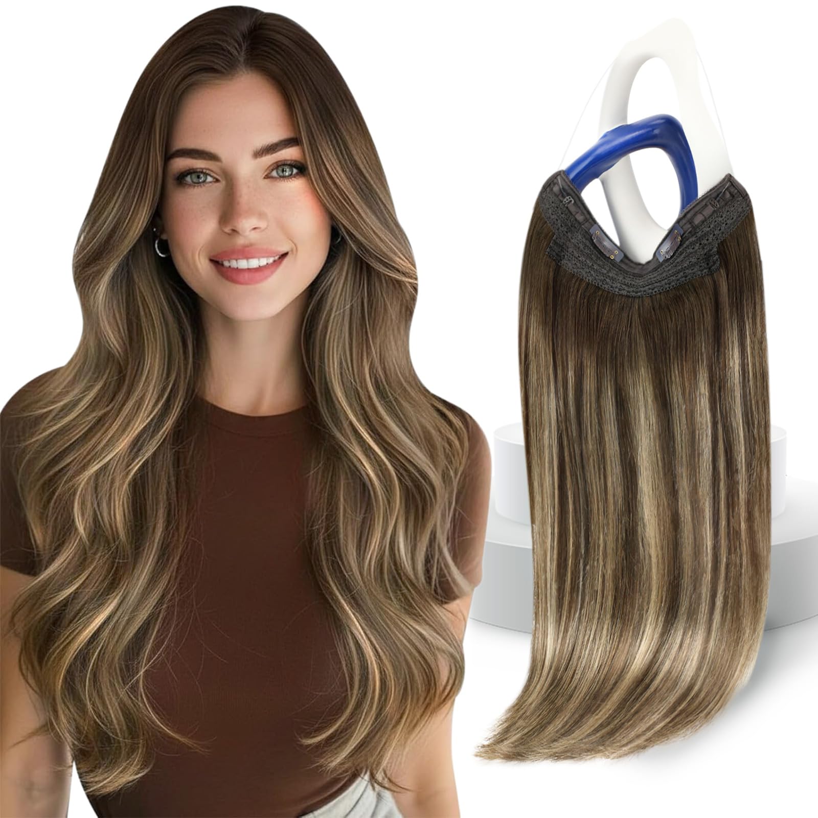 Sunny Hair Wire Hair Extensions Real Human Hair Softness 18 Inch 85G Color 4/24/4 Chocolate Brown Balayage Light Blonde Invisibl