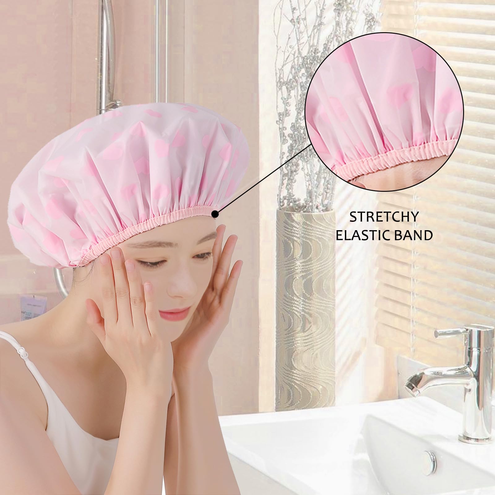 Yizijizi Shower Cap,Reusable Waterproof Shower Caps - Large Size For Women, Perfect For Long Hair (Pink Heart)