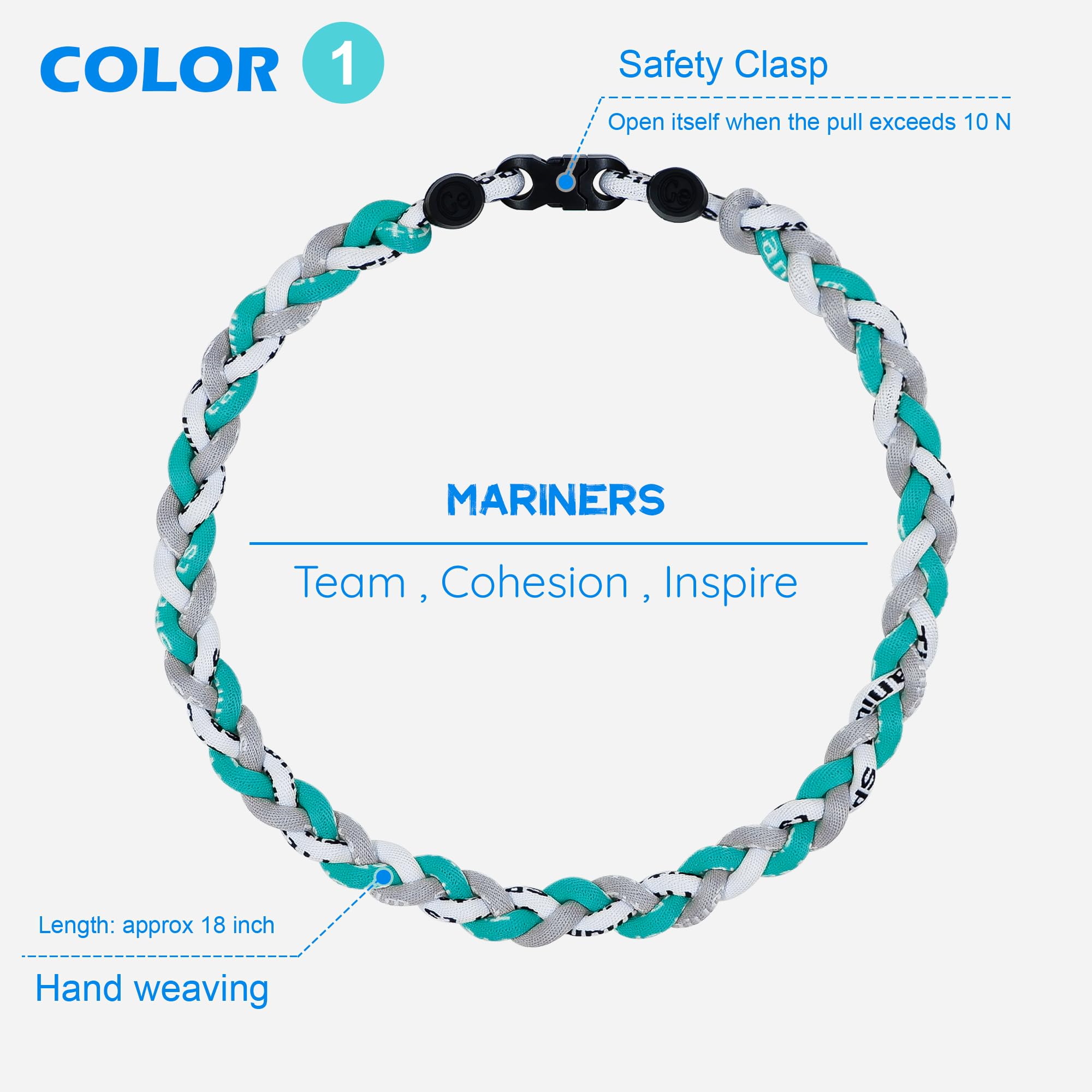 SUPBOMM 3 pcs Baseball Rope Necklaces, League Team Colors Braided Necklace, Baseball Team Gifts, Mariners