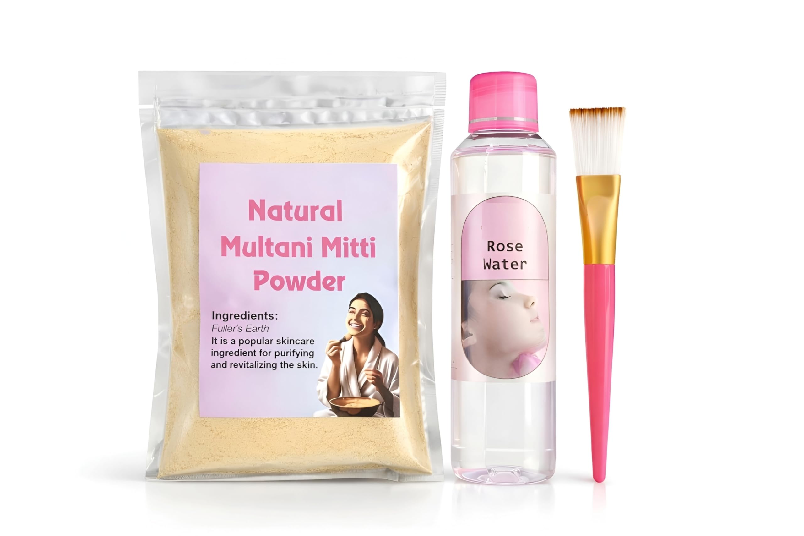 Natural Multani Mitti Powder With Rose Water And Brush, Deep Cleansing Face Mask Kit, FullerS Earth Clay For Oil Control And Ac