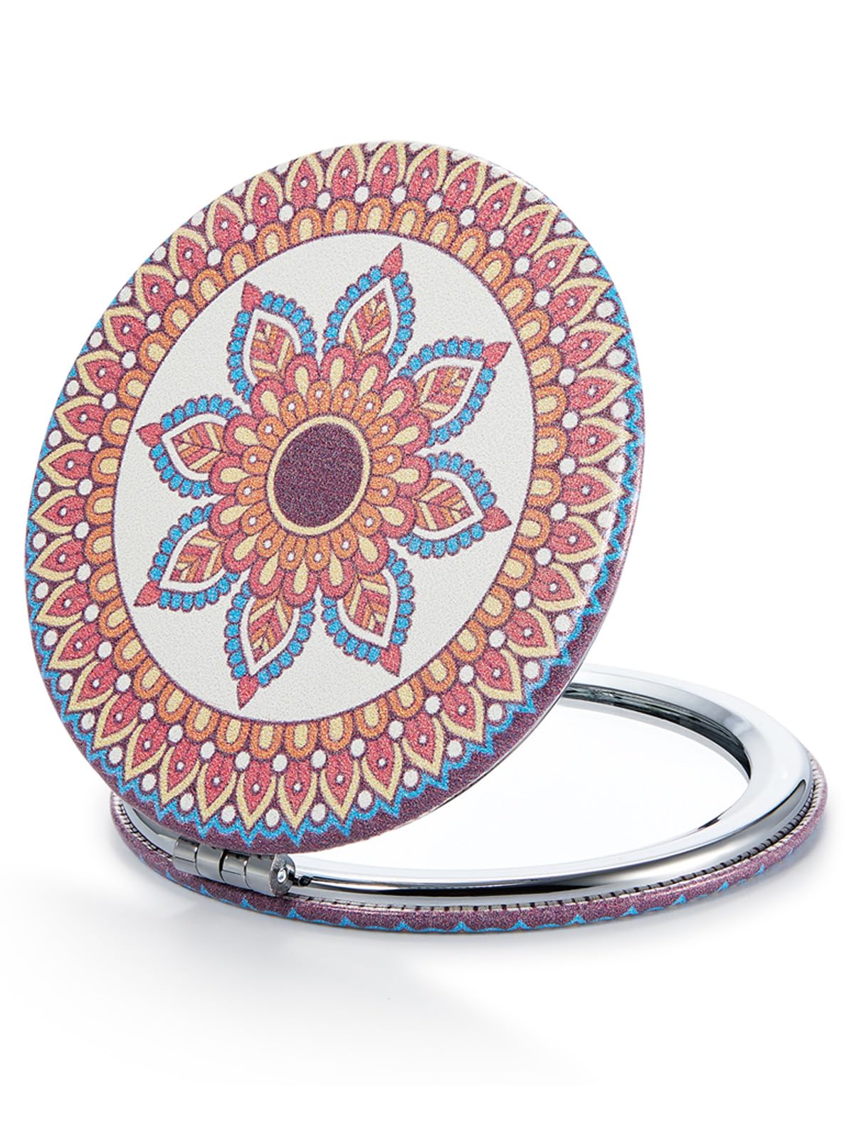 Omiro 1X/10X(300R) Compact Magnifying Mirror, Unique Painting Pocket Mirror With Classical Pu Leather (Round,Red Flower Mandala)