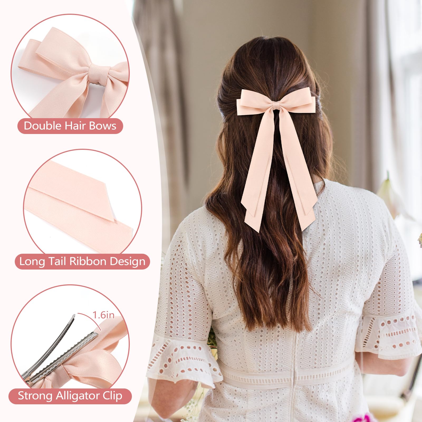 6Pcs Hair Bows For Women, Bow Hair Clips, Silky Satin Hair Bows, Pink Hair Ribbon, Cute Double Bows Long Tail For Girls, Neutral