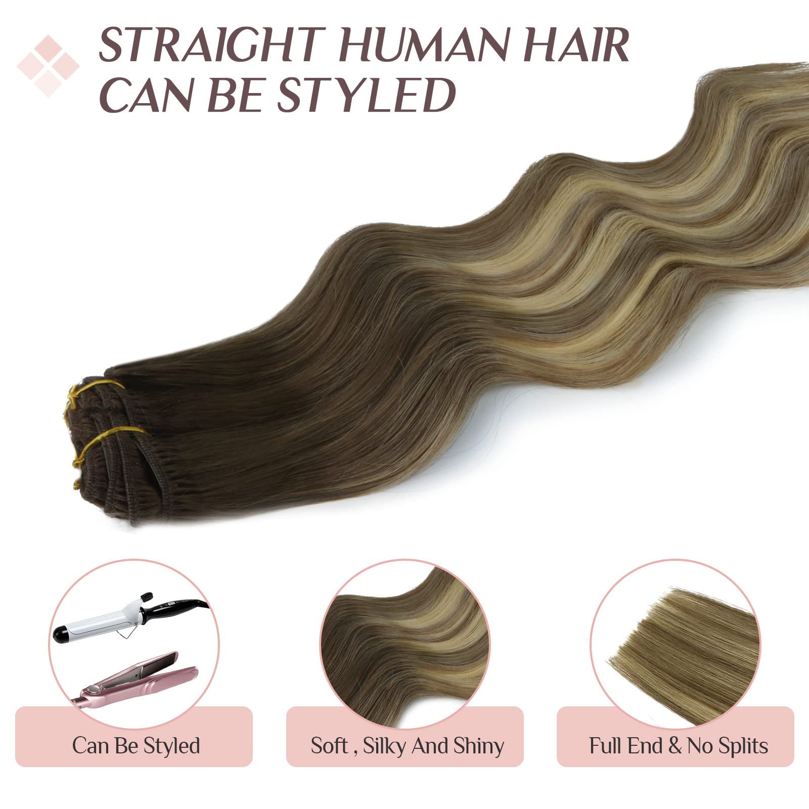 Clip In Hair Extensions Real Human Hair, 7Pcs 120G 18 Inch, Walnut Brown To Ash Brown And Bleach Blonde Maxita Remy Hair Extensi