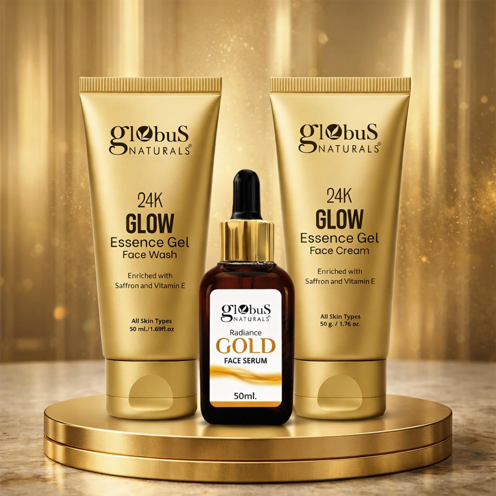 Globus Naturals 24K Gold Glow 3 Step Skincare Kit  Face Wash, Face Serum & Face Cream | With Saffron & Vitamin E | Glow Boostin