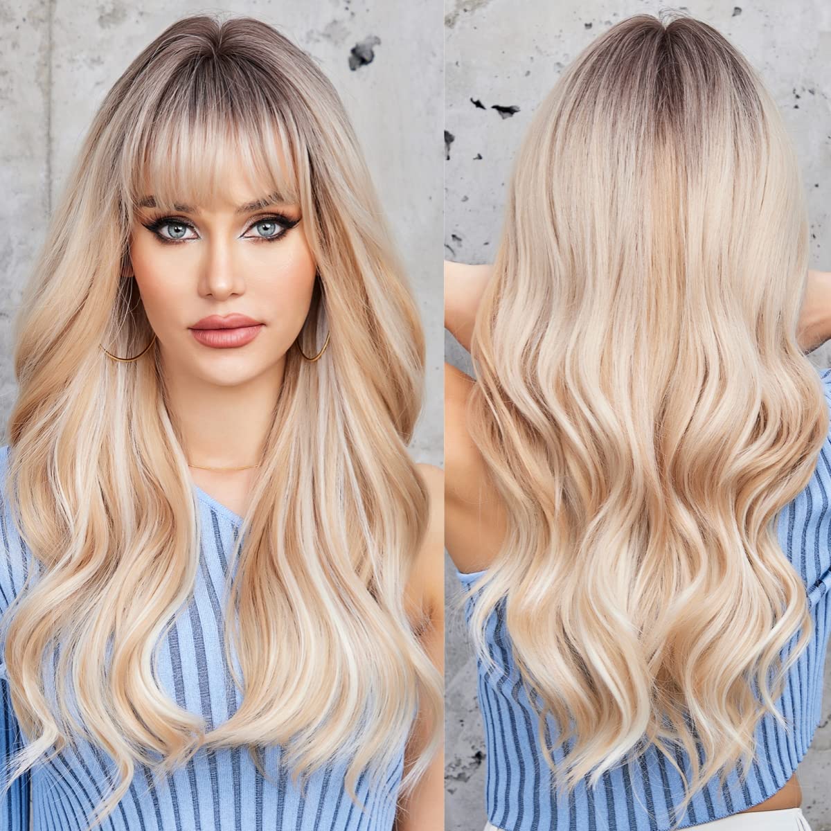EMMOR Long Blonde Mixed White Wave Wig with Bangs Dark Roots Curly Wig for Women Synthetic Wig Natural Looking Heat Resistant Fi