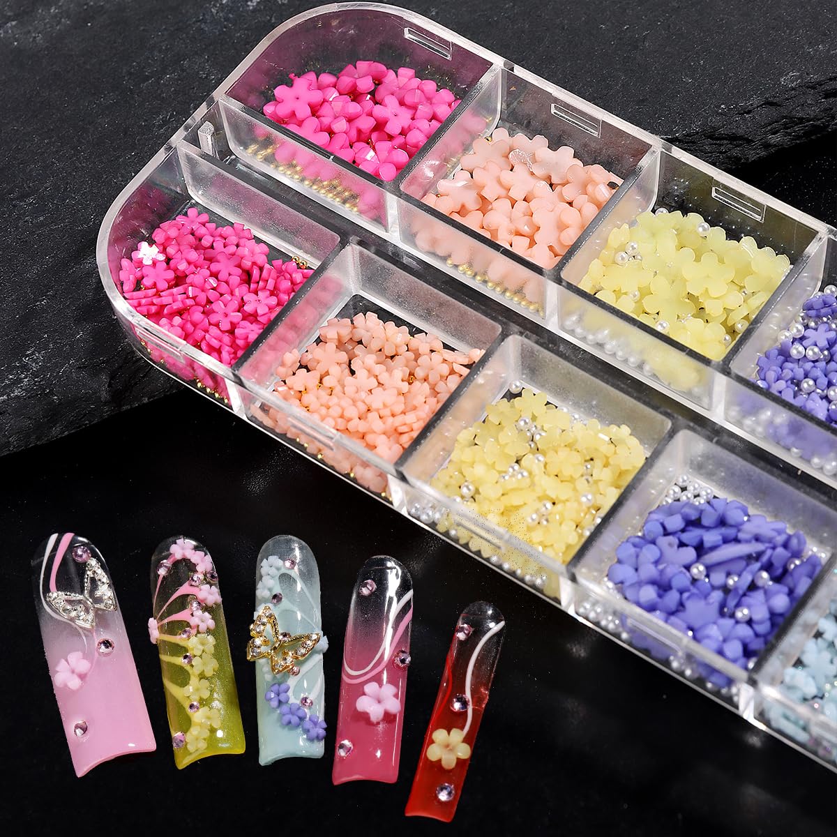 3D Flowers Nail Charms, 3D Pink Pastel Acrylic Flower For Nails, Gold Caviar Beads Nail Decorations Mixed Rhinestones Kit, Cryst
