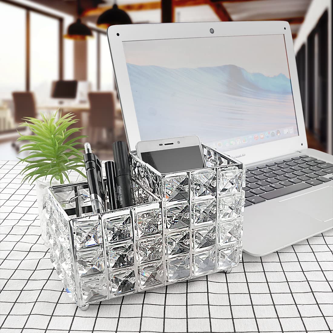 Luexbox Crystal Makeup Brush Holder, One-Piece Square Brush Organizer, Cosmetics Brush Storage Container For Table, Dresser, Bat