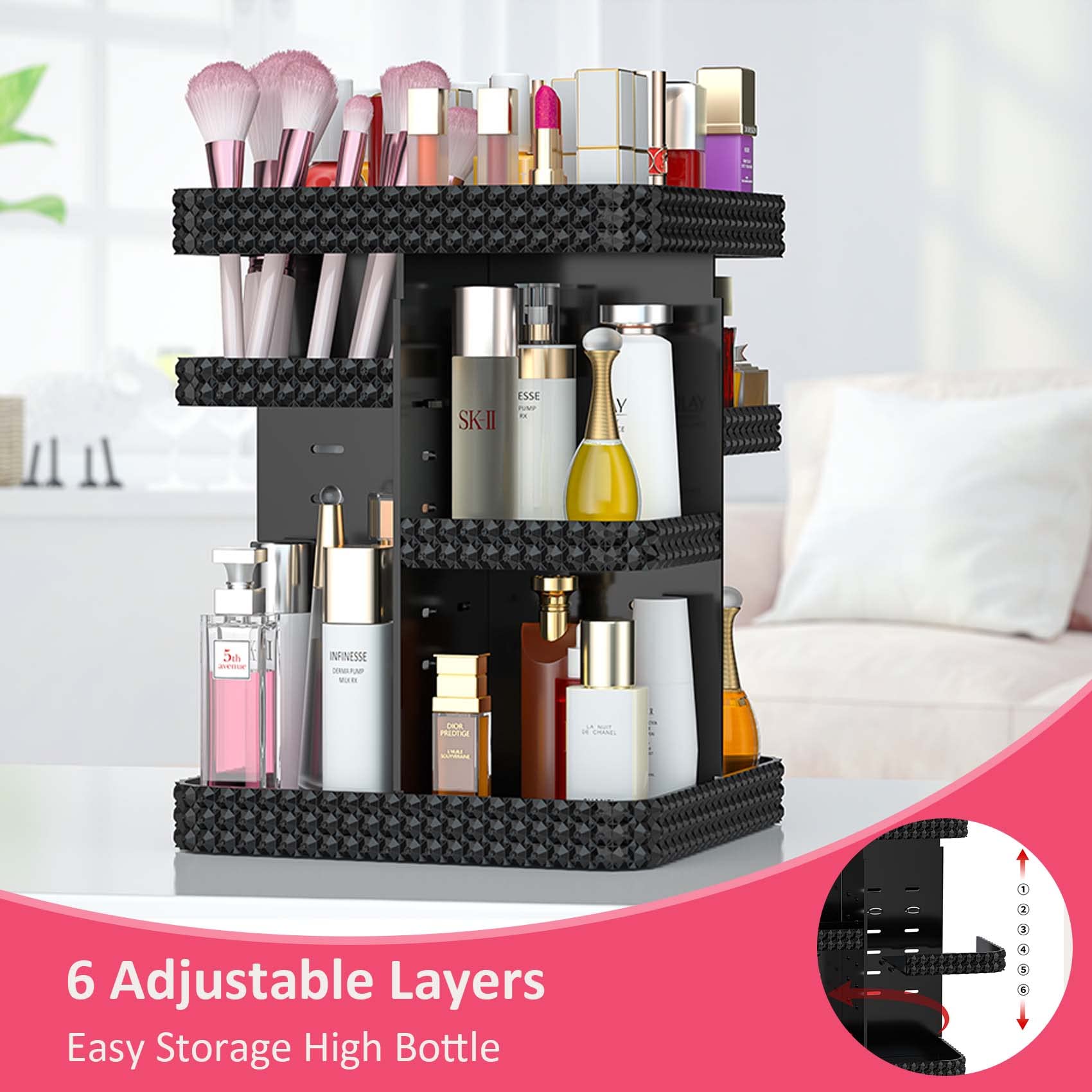 Bocony Rotating Makeup Organizer, Large Capacity Cosmetic Display Case, Acrylic Skincare Organizer With Brush Holder, Makeup Sto