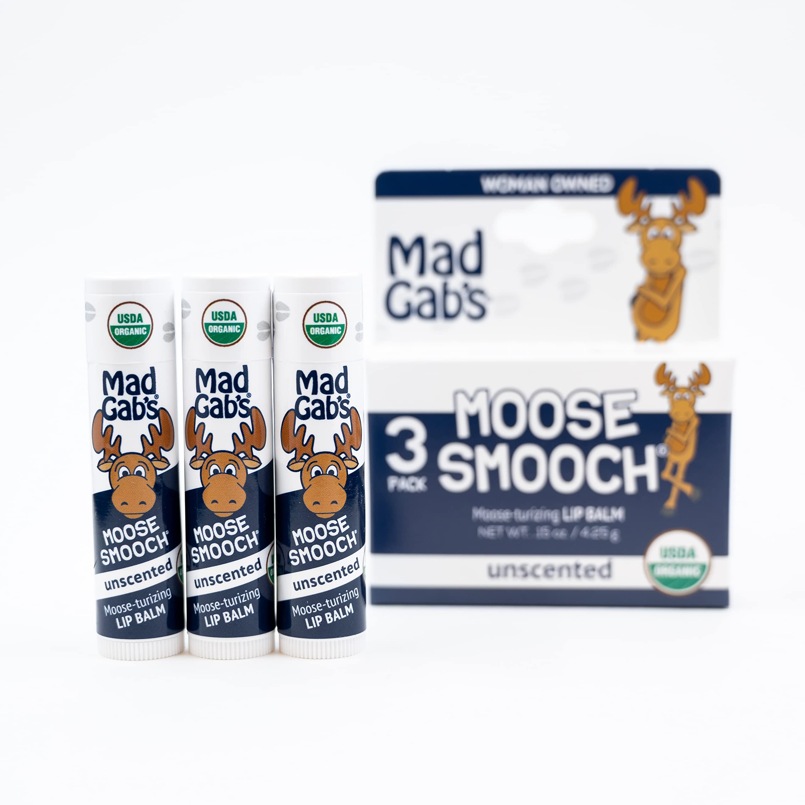 Mad Gab's Moose Smooch Lip Balm 3pk | Unscented, Moisturizing, Certified Organic with Olive Oil & Beeswax
