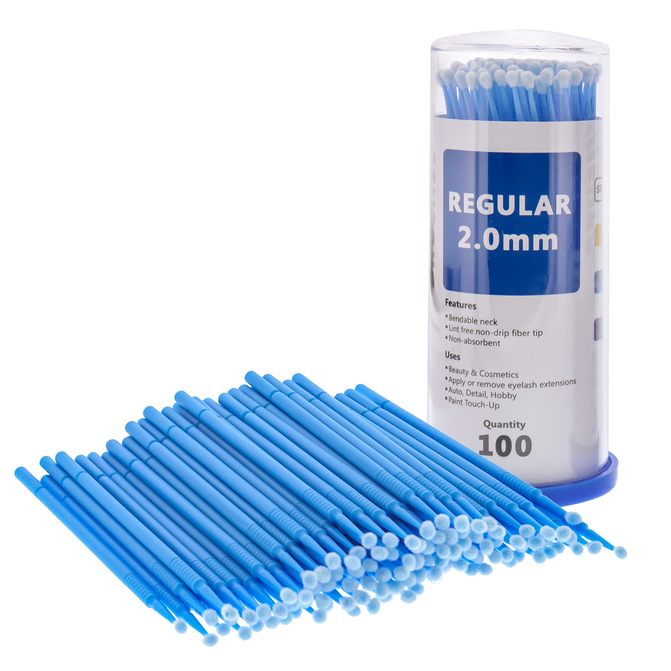 TCP Global Eyelash Extension Micro Brushes, 100 Medium 2.0 mm Tip Size Blue Disposable Brush Applicators - Apply Makeup, Paint T