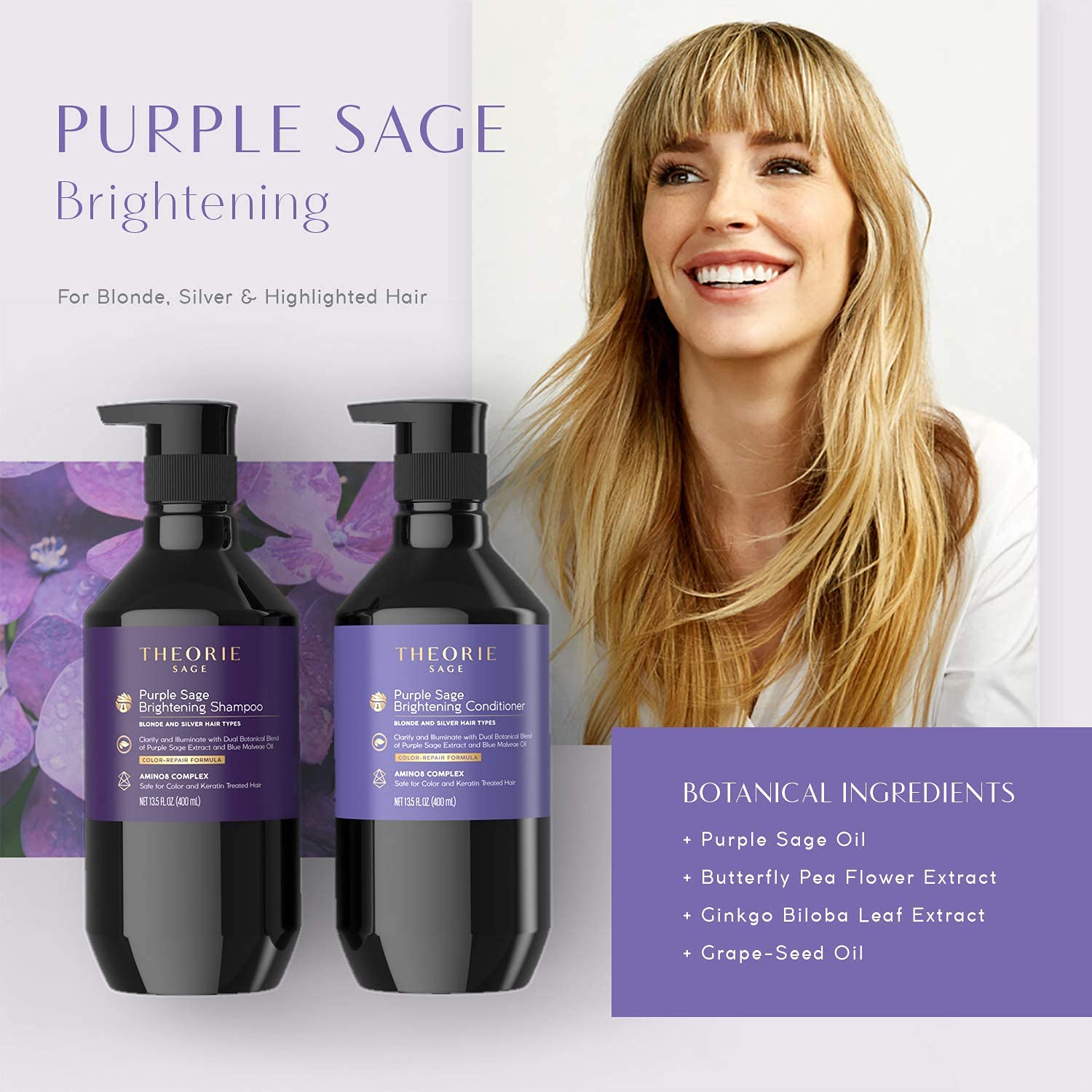 Theorie Purple Sage Brightening Conditioner for Blonde, Bleached, Silver, and Grey Hair - Eliminates Brassiness & Yellows | Infu