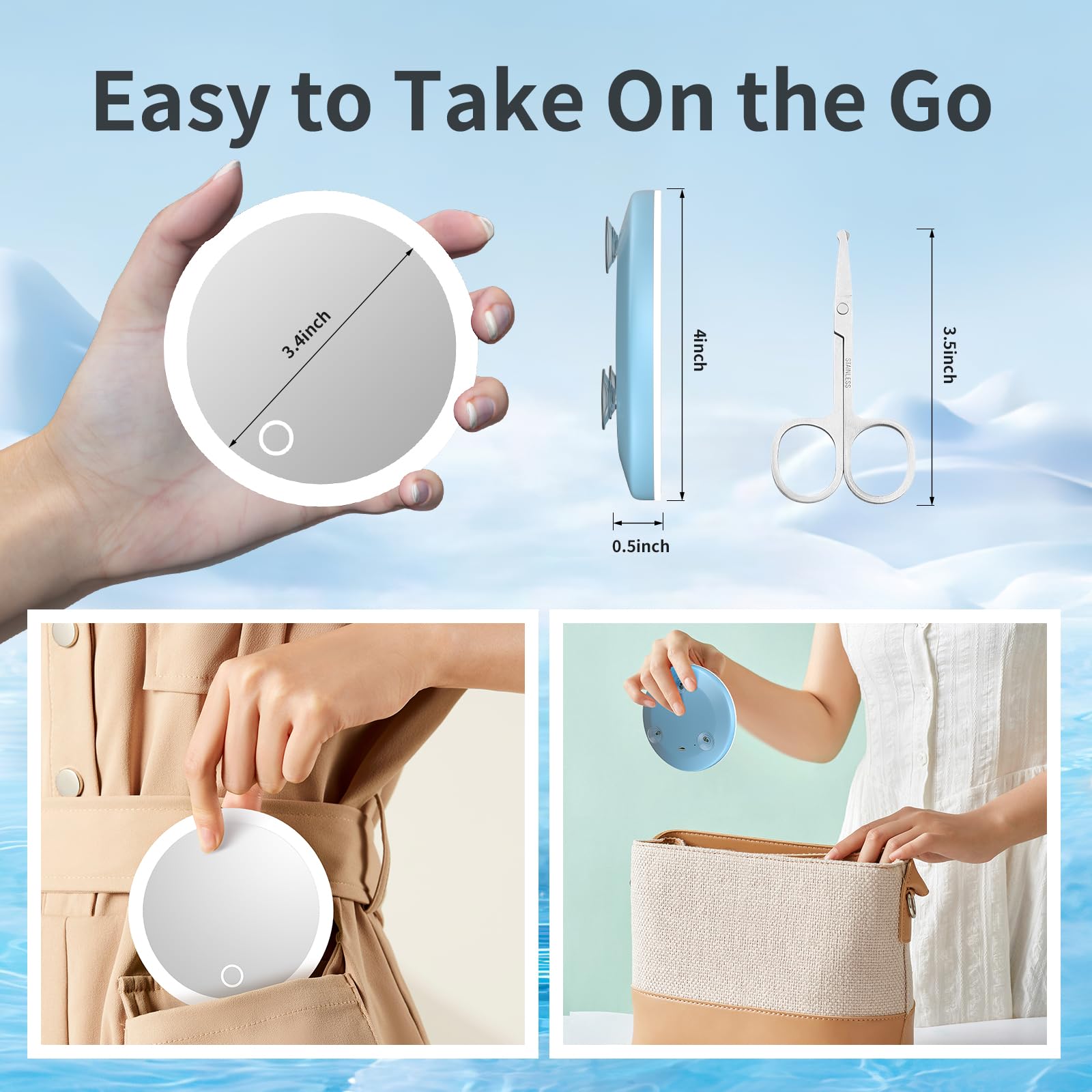 Travel Magnifying Mirror With Light 10X, 4Inch Rechargeable Lighted Magnified Mirror With Suction Cups, Small Magnifying Mirror