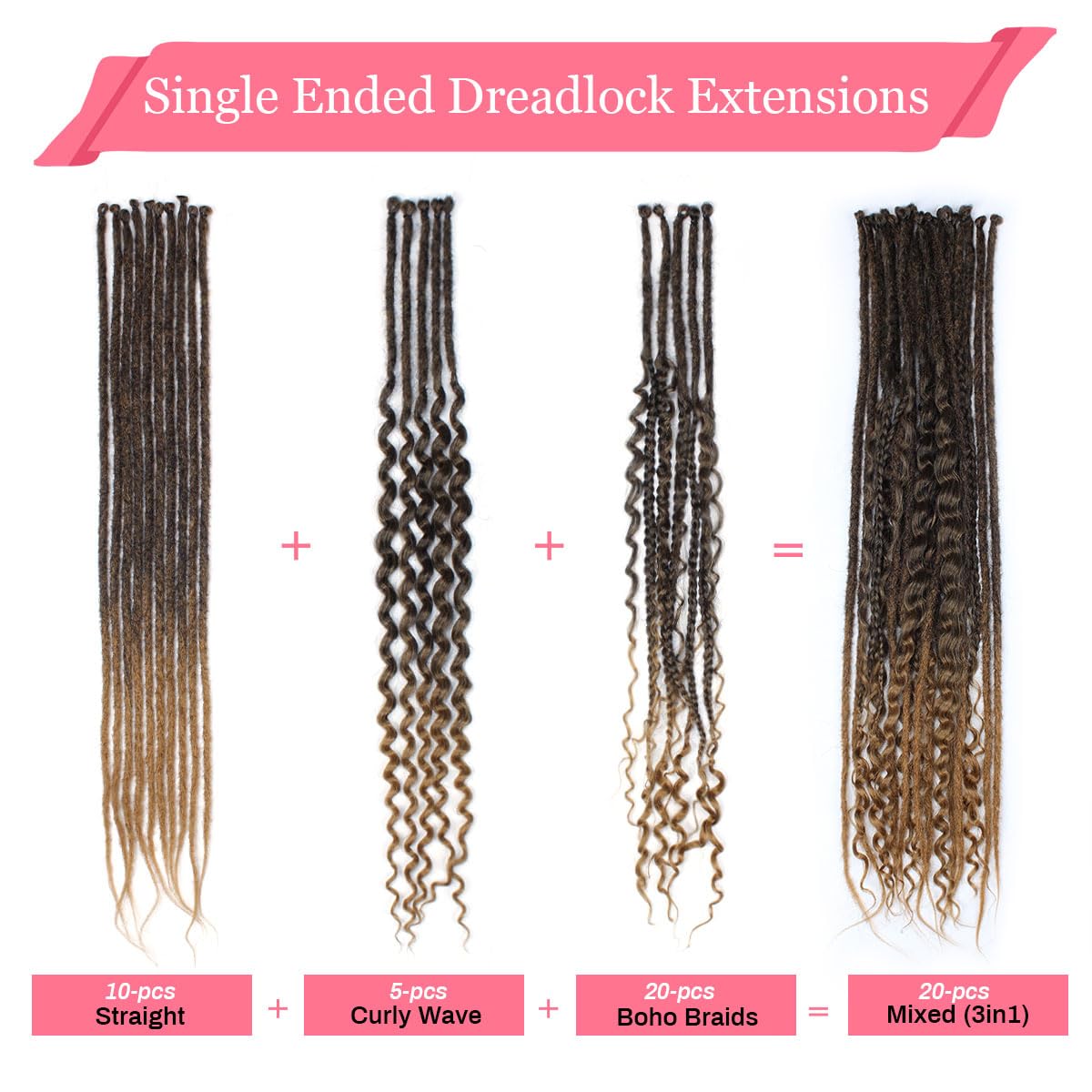 Kraler 24 Inch Mixed Se Dreadlock Extensions Sets, 3 In 1 20 Strands Synthetic Single Ended Dreads Extensions, Ombre Brown Hippi