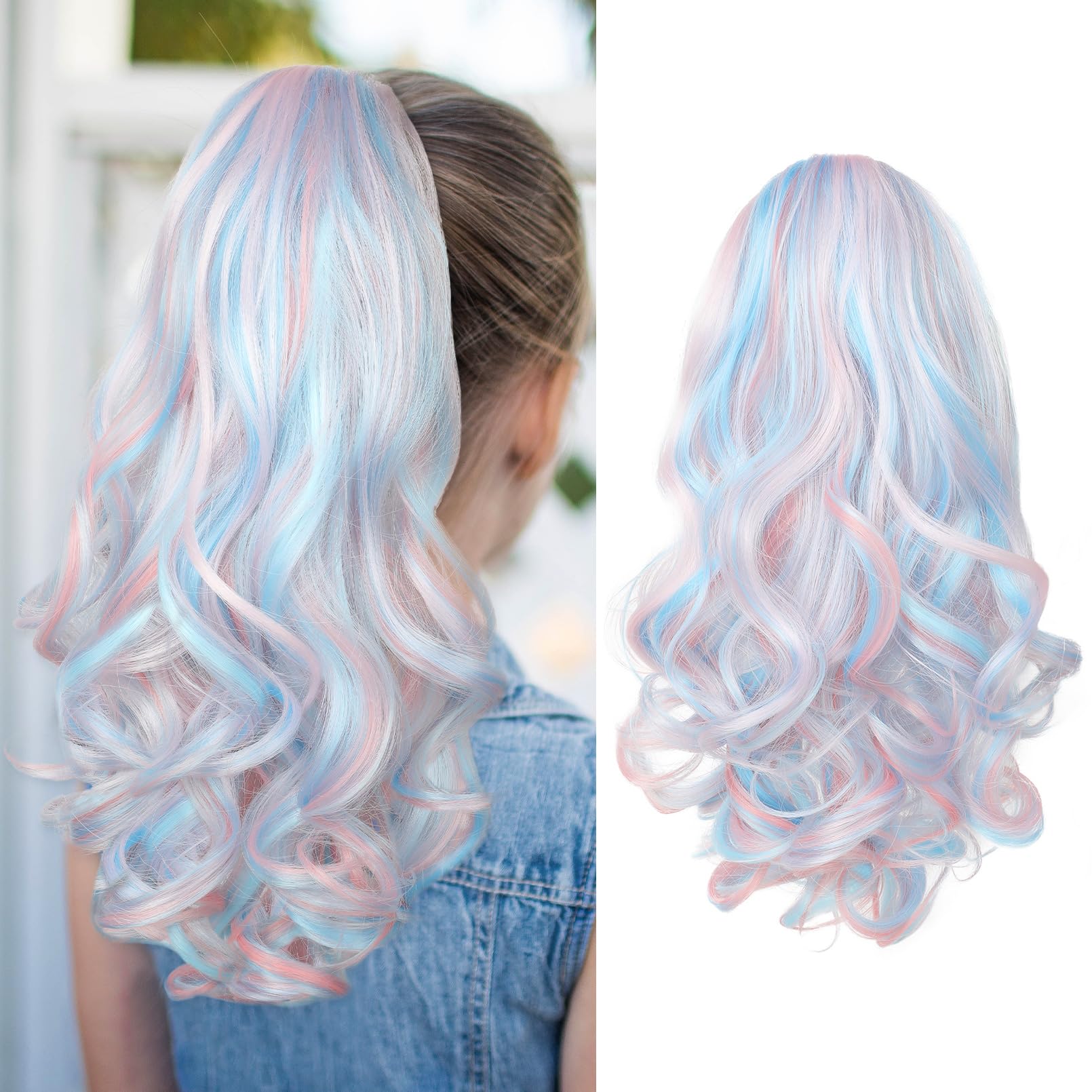 SEIKEA Ponytail Extension, 18'' Lightweight Wavy Curly Clip in Hair Extensions Ponytail, Colored Hair Extensions for Kids, Crazy