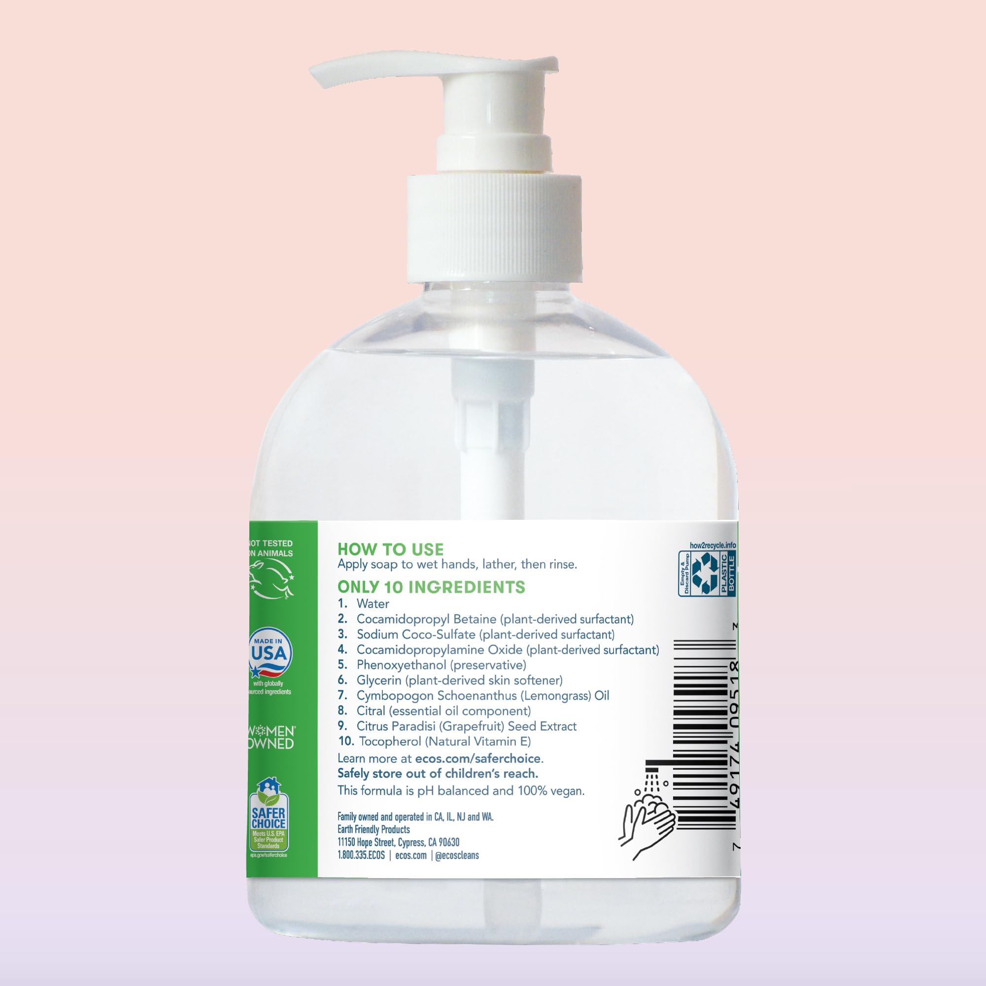 Ecos Hypoallergenic Hand Soap - Plants Based Hand Soap - Safe For Sensitive Skin - Lemongrass - 17 Oz Bottle (6 Pack)