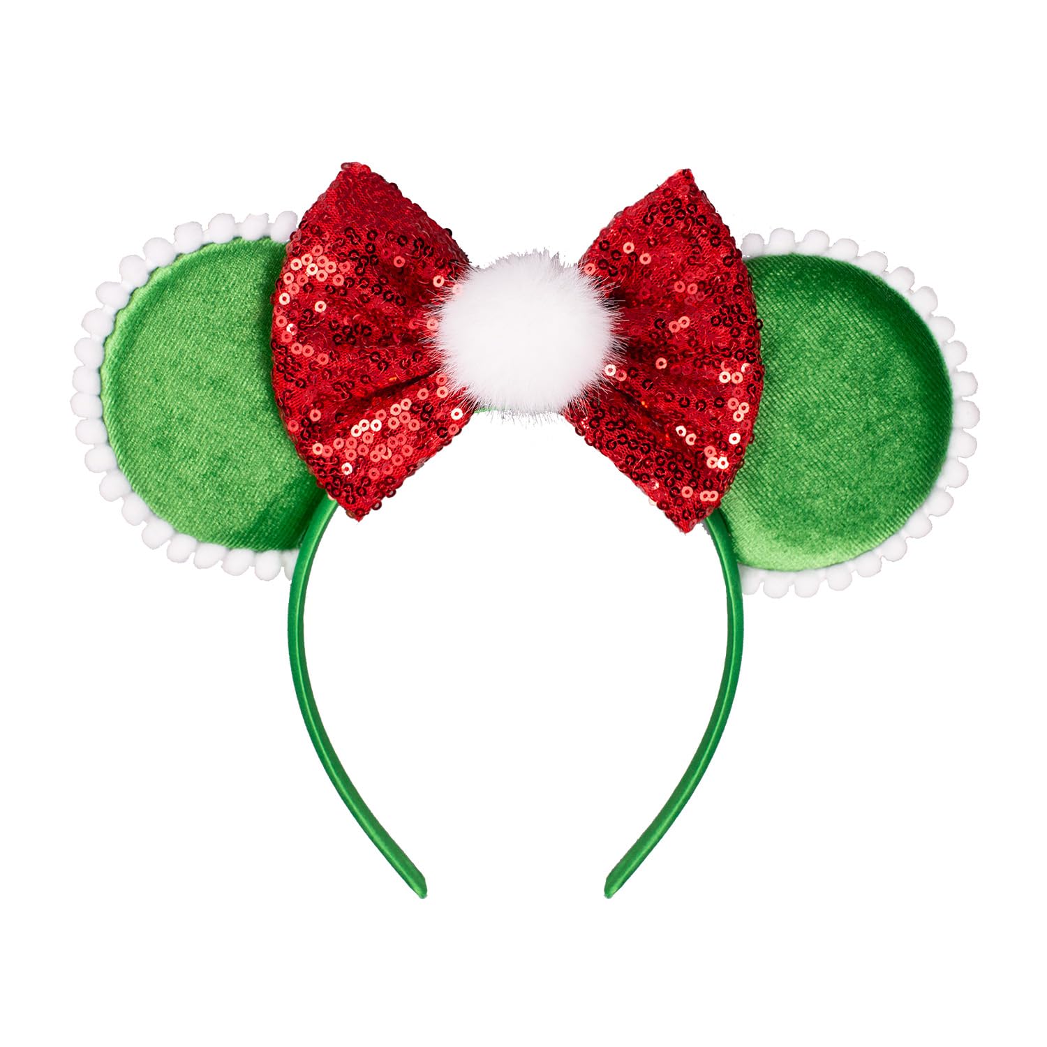 JIAHANG Green Velvet Mouse Ears Headband with White Pom Pom Ball, Red Hair Bow Headband, Party Fashion Headwear Hair Accessories