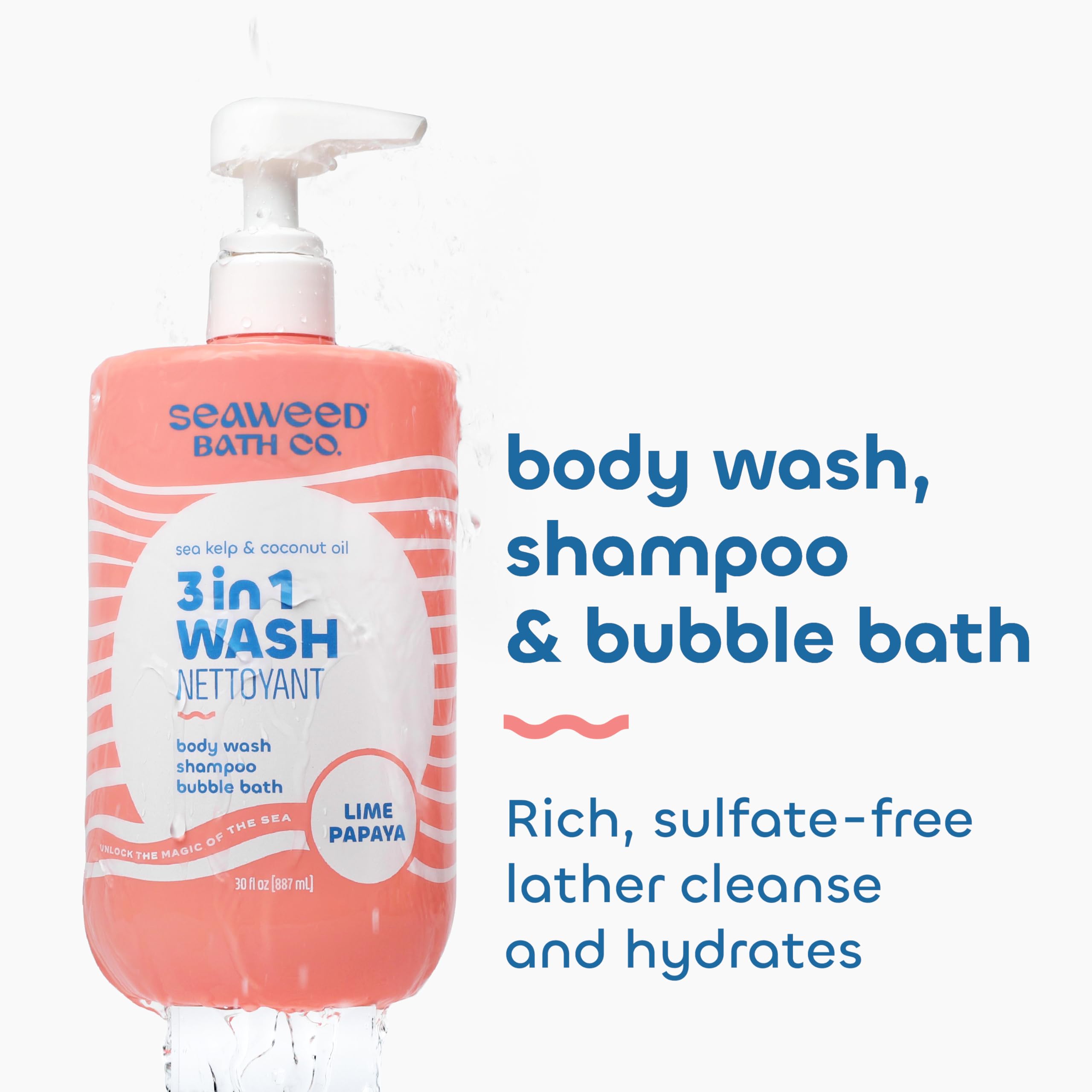 Seaweed Bath Co. 3 in 1 Wash, Lime Papaya Scent, 30 Ounce, Body Wash, Shampoo, Bubble Bath for Women & Men, with Sea Kelp & Coco