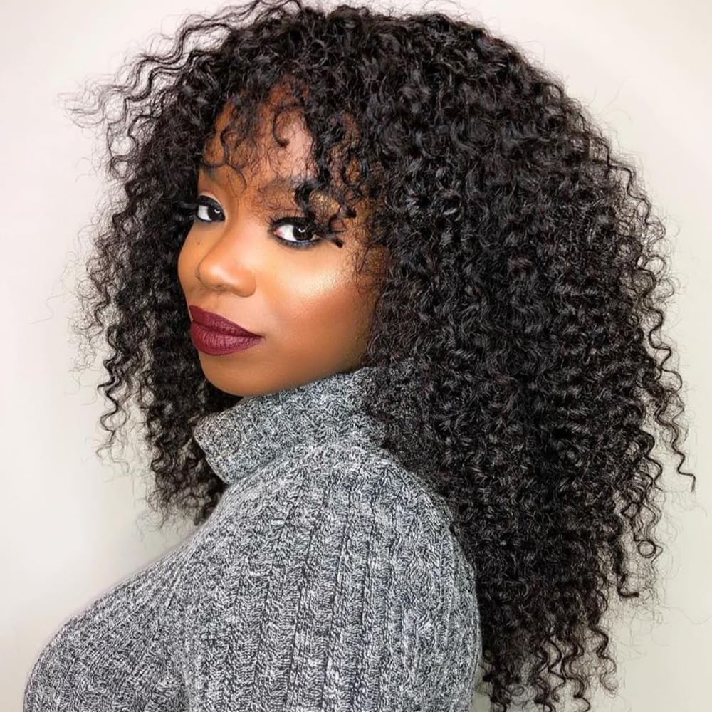 BLY Human Hair Kinky Curly Wig with Bangs 20 Inch Wear and Go Glueless Curly Wigs with Scalp Top Human Hair Wigs for Women 180 D