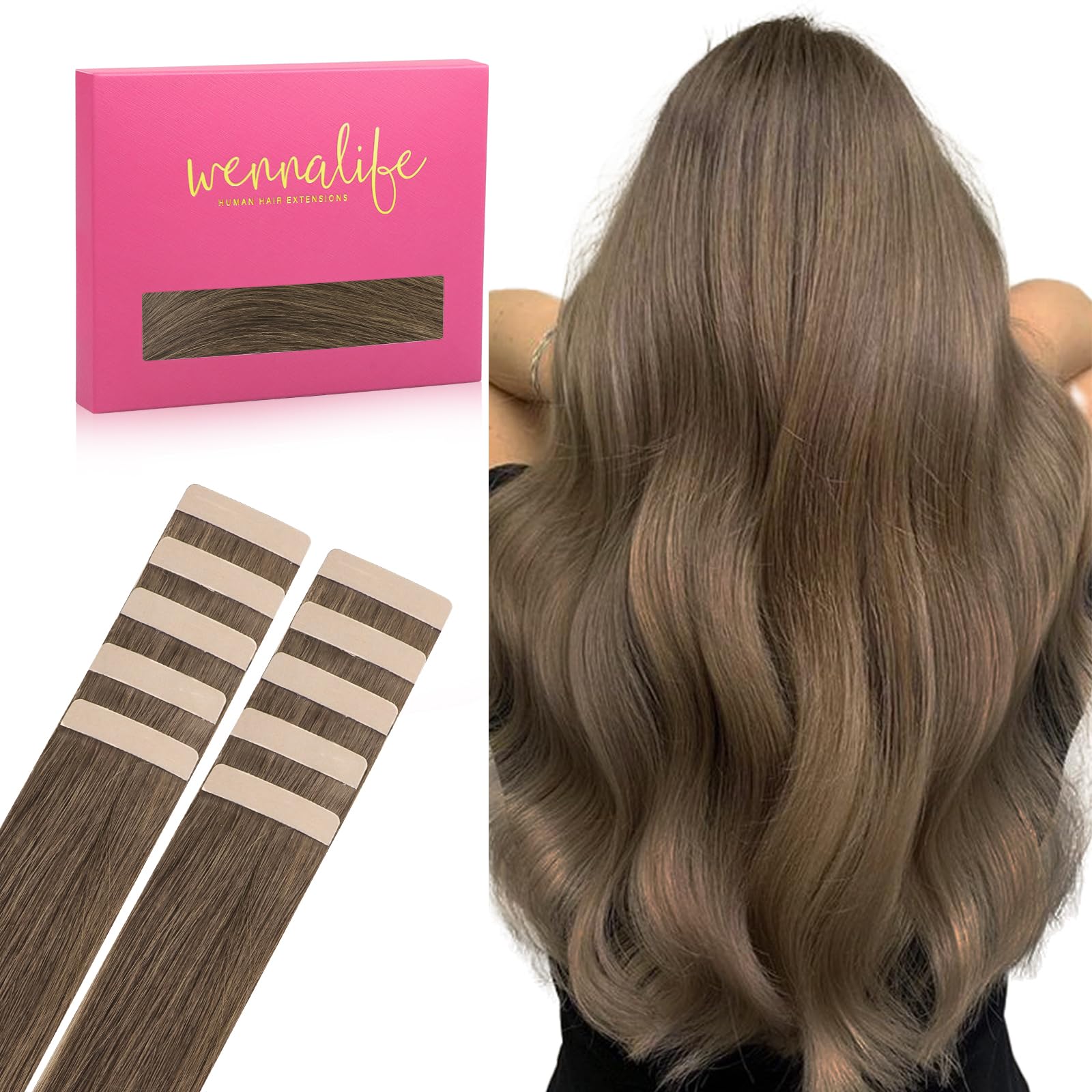 Wennalife Tape In Hair Extensions Human Hair Light Ash Brown Tape In Extensions, 10Pcs 25G 14 Inch Remy Invisible Tape Ins Strai